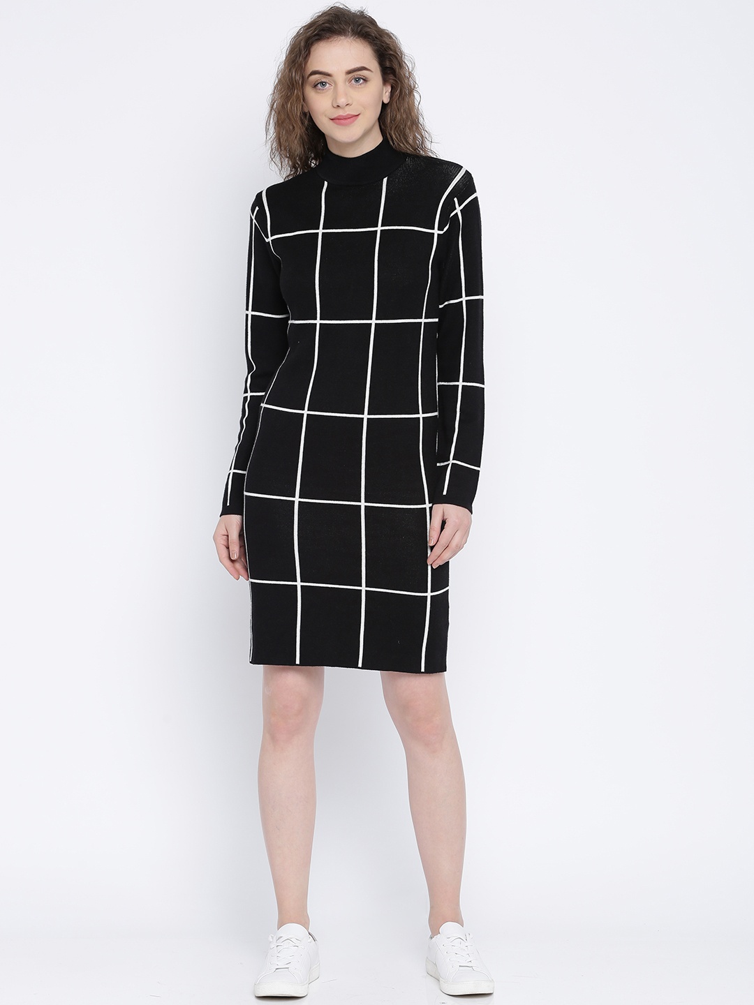 

AND Women Black & White Checked Sweater Dress