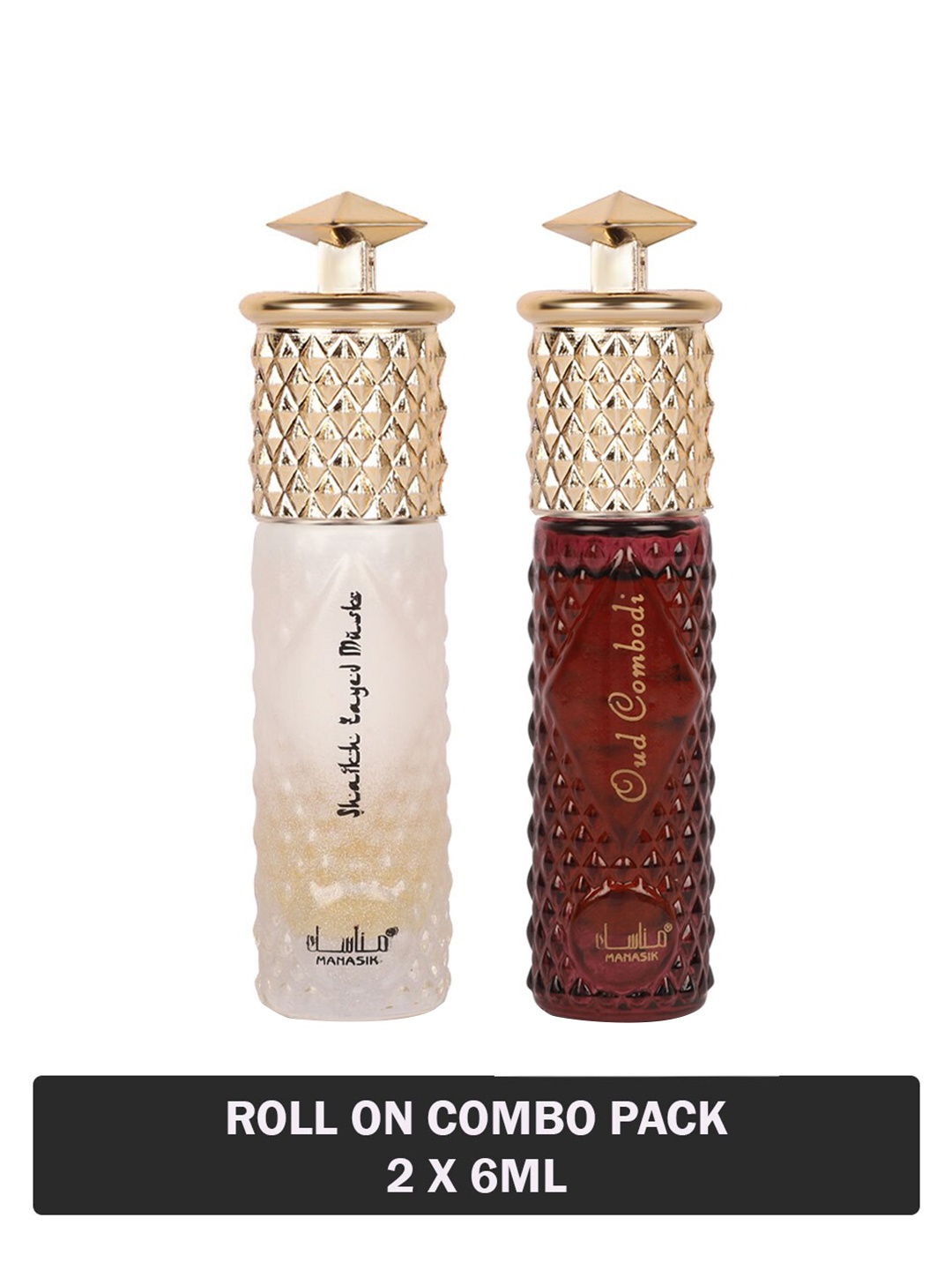 

MANASIK Men Set Of 2 Long-Lasting Roll-On Attars 6ml Each- Shaikh Zayed Musk & Oud Combodi, Multi
