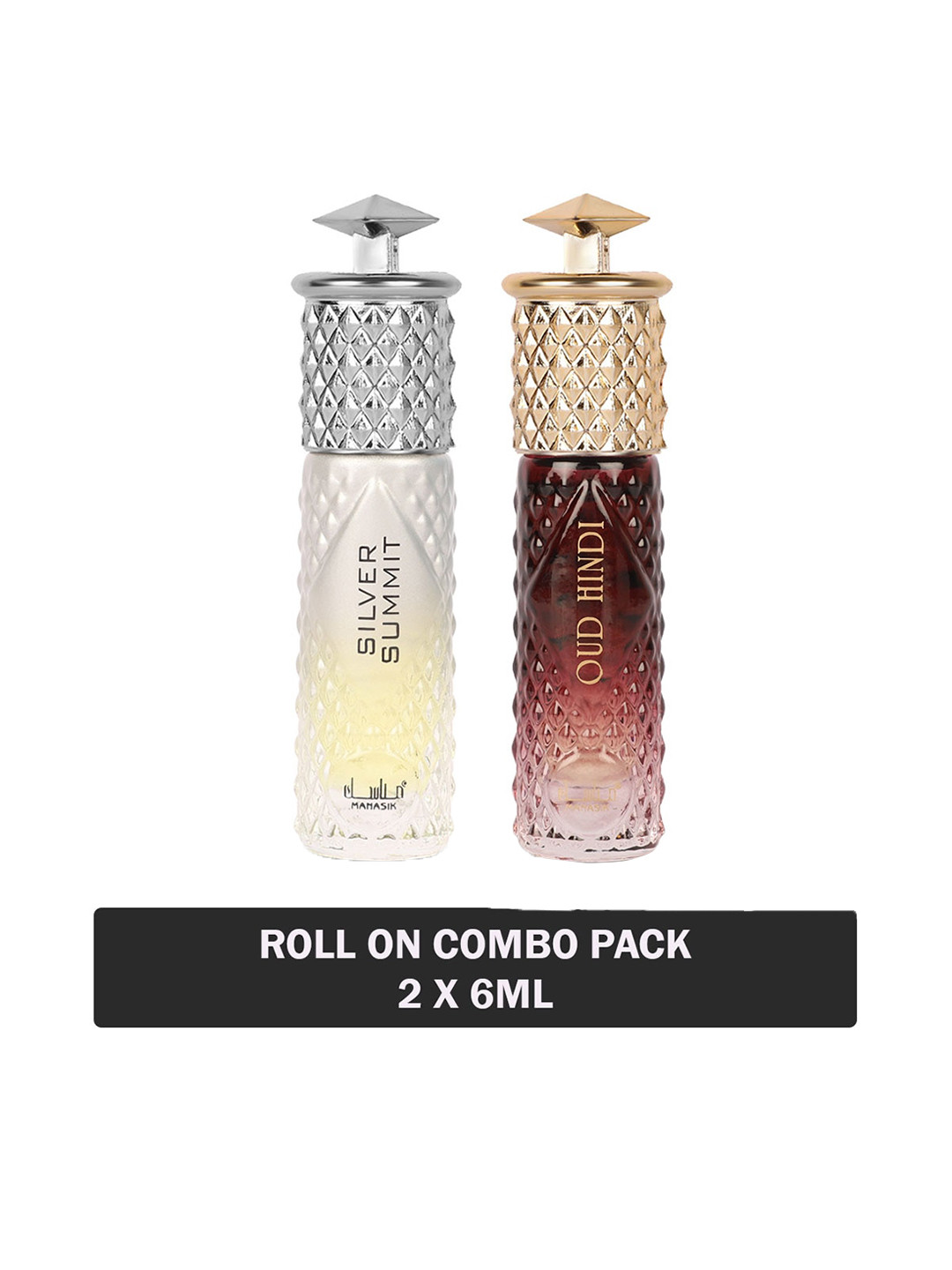 

MANASIK Set Of 2 Long Lasting Attars - 6 ml Each - Silver Summit & Oud Hindi, Yellow