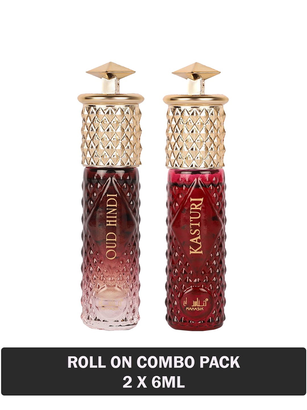 

MANASIK Set Of 2 Long-Lasting Roll-On Attars 6ml Each- Oud Hindi & Kasturi, Red