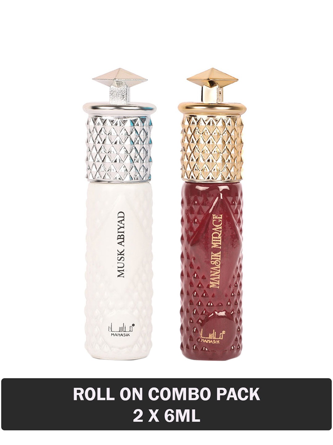 

MANASIK Set Of 2 Long Lasting Attars - 6 ml Each - Musk Abiyad & Mirage, Red
