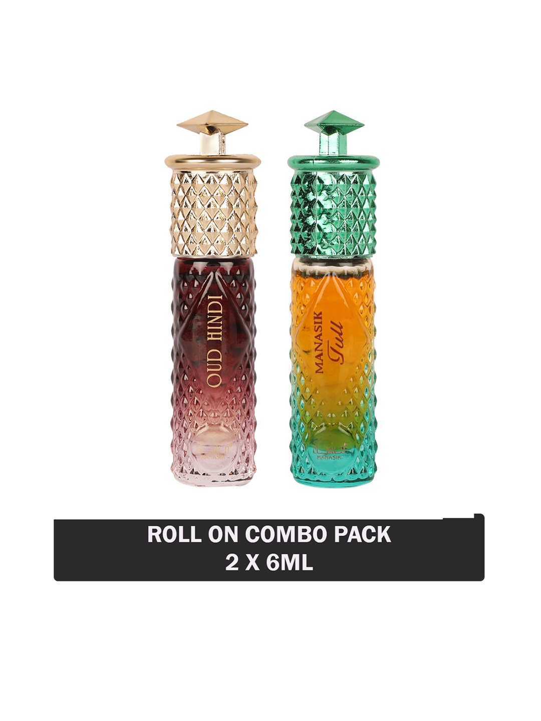 

MANASIK Set of 2 Long Lasting Roll-On Attar 6 ml each - Oud Hindi & Full, Red