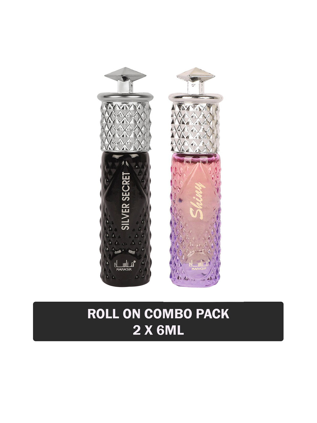 

MANASIK Set Of 2 Long Lasting Roll-On Attars - Silver Secret & Shiny Pink - 6ml Each, Black