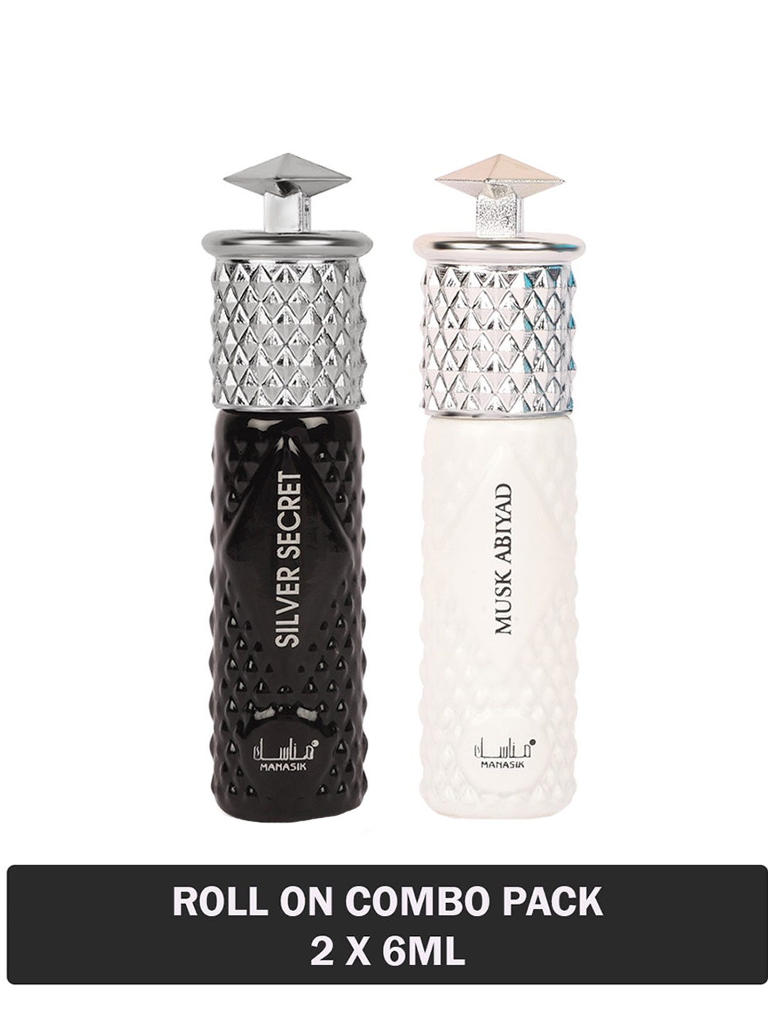 

MANASIK Set Of 2 Long Lasting Attars - 6 ml Each - Silver Secret & Musk Abiyad, Black