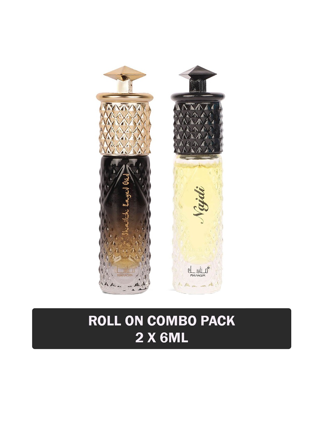 

MANASIK Set of 2 Long Lasting Roll-On Attar 6 ml each - Shaikh Zayed Oud & Najdi, Yellow