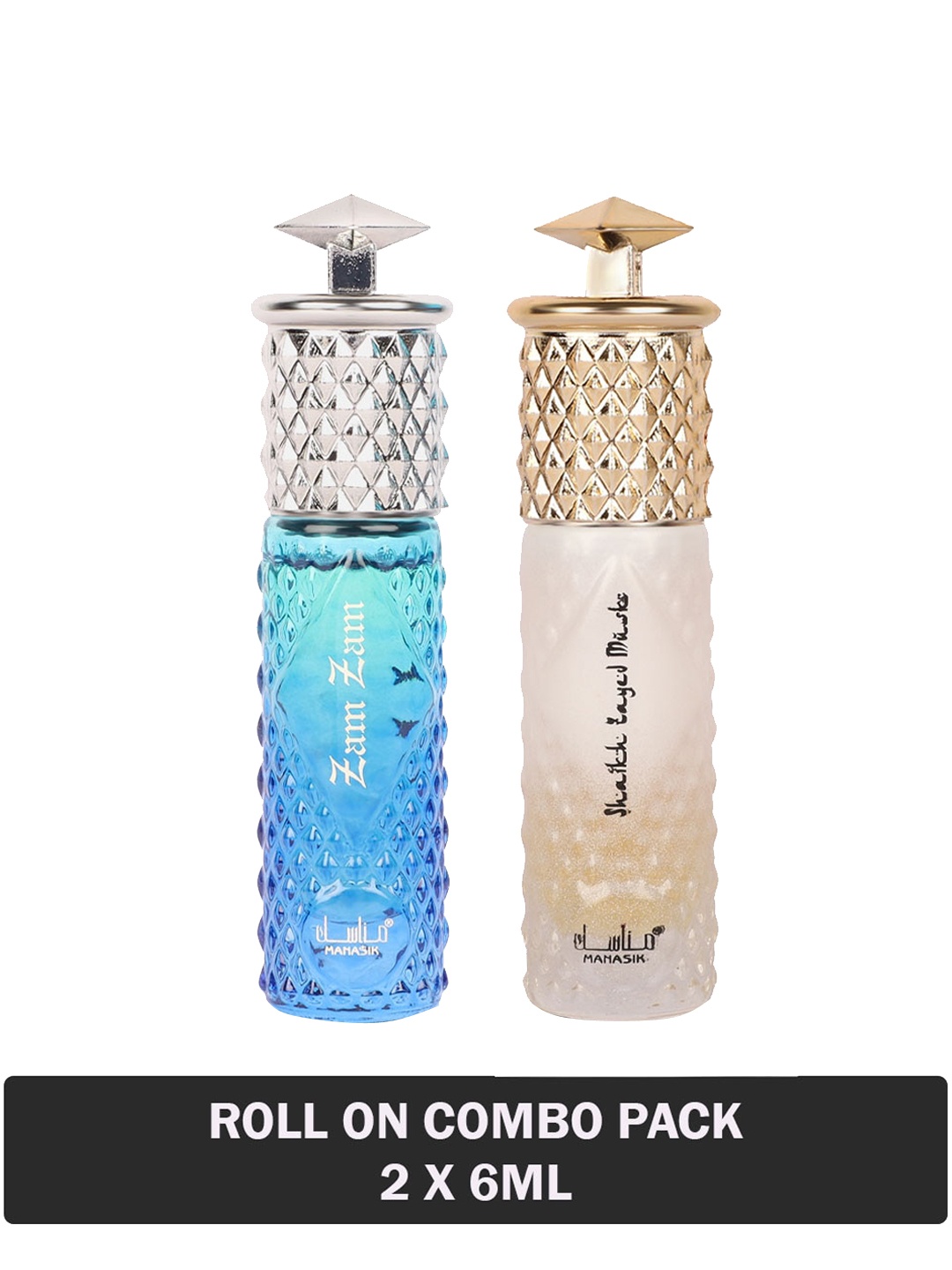 

MANASIK Set Of 2 Long Lasting Attars - 6 ml Each - Zam Zam & Shaikh Zayed Musk, Blue