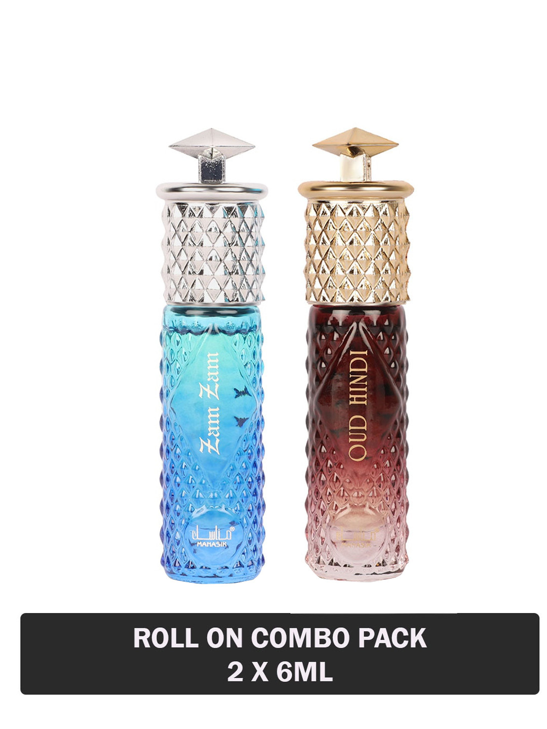 

MANASIK Set of 2 Long Lasting Roll-On Attar 6 ml each - Zam Zam & Oud Hindi, Blue