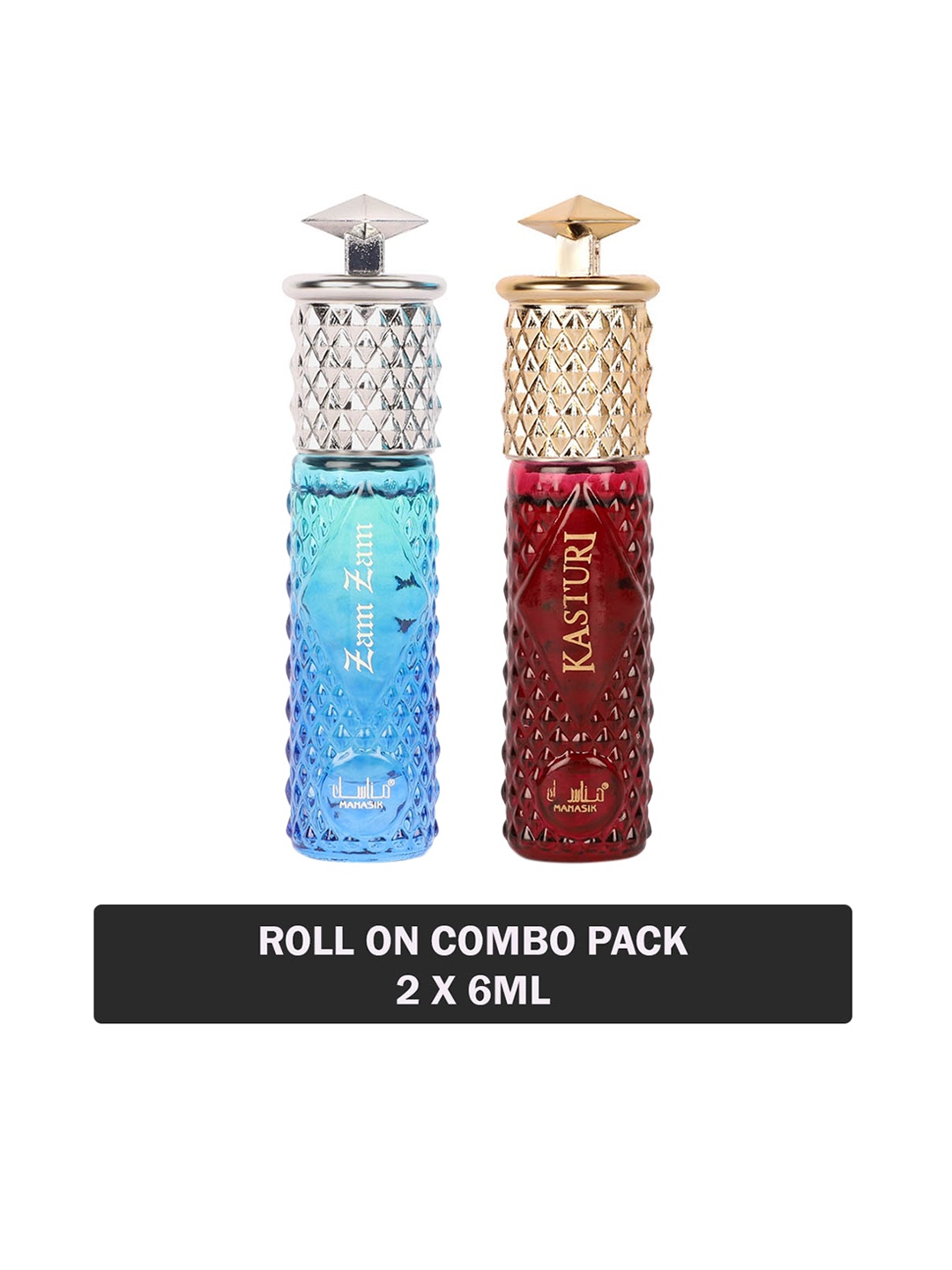 

MANASIK Set Of 2 Long Lasting Attars - 6 ml Each - Zam Zam & Kasturi, Blue