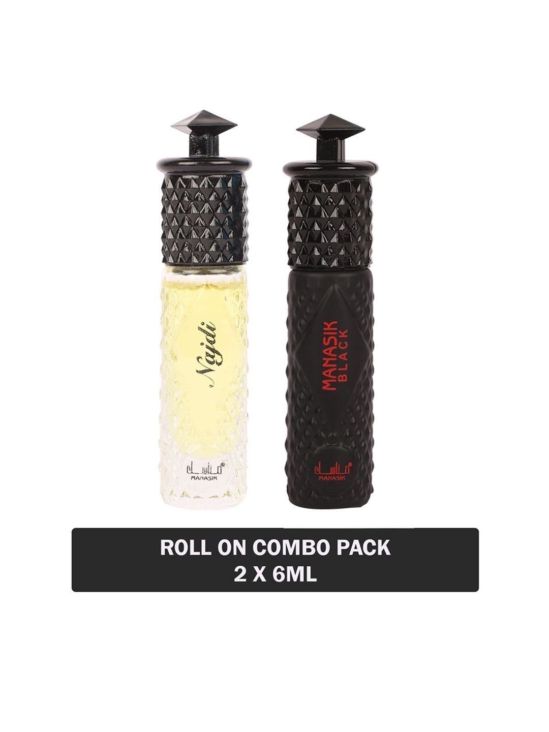 

MANASIK Men Set of 2 Long Lasting Roll-On Attar 6 ml each - Najdi & Black, Yellow