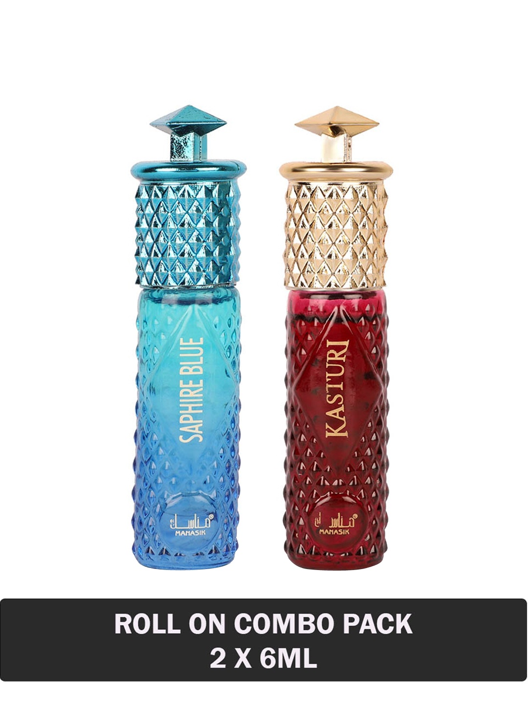

MANASIK Set Of 2 Long Lasting Attars - 6 ml Each - Saphire Blue & Kasturi, Multi