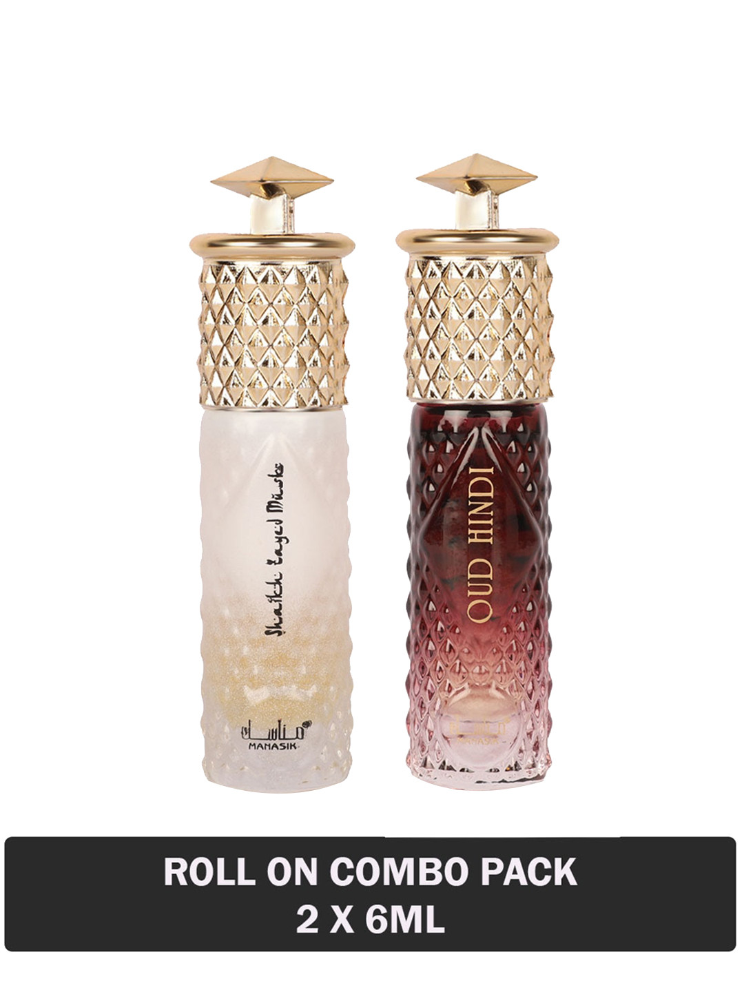 

MANASIK Set Of 2 Long Lasting Attars - 6 ml Each - Shaikh Zayed Musk & Oud Hindi, Red