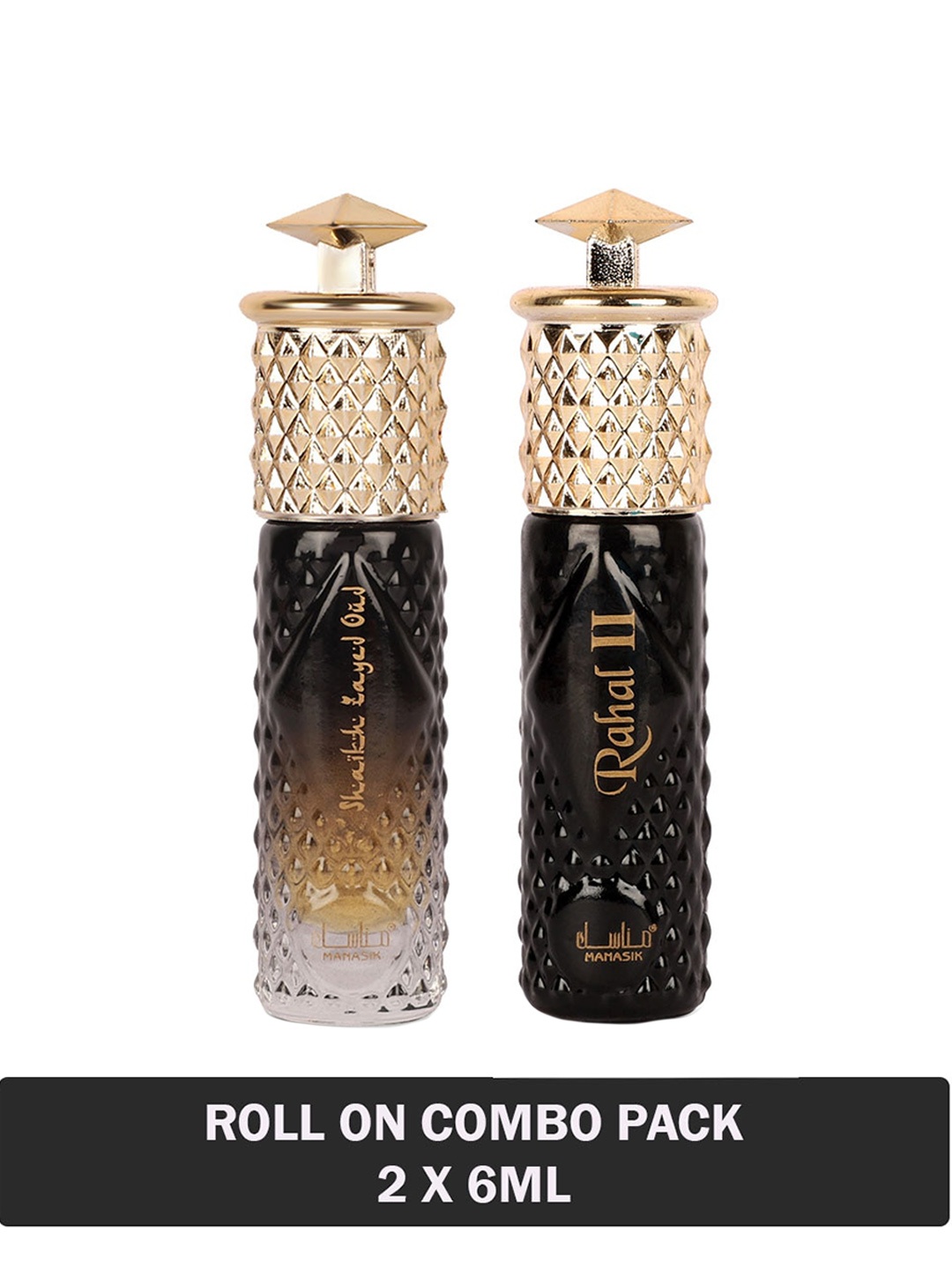 

MANASIK Men Set Of 2 Long Lasting Roll-On Attars - Shaikh Zayed Oud & Rahal II - 6ml Each, Black