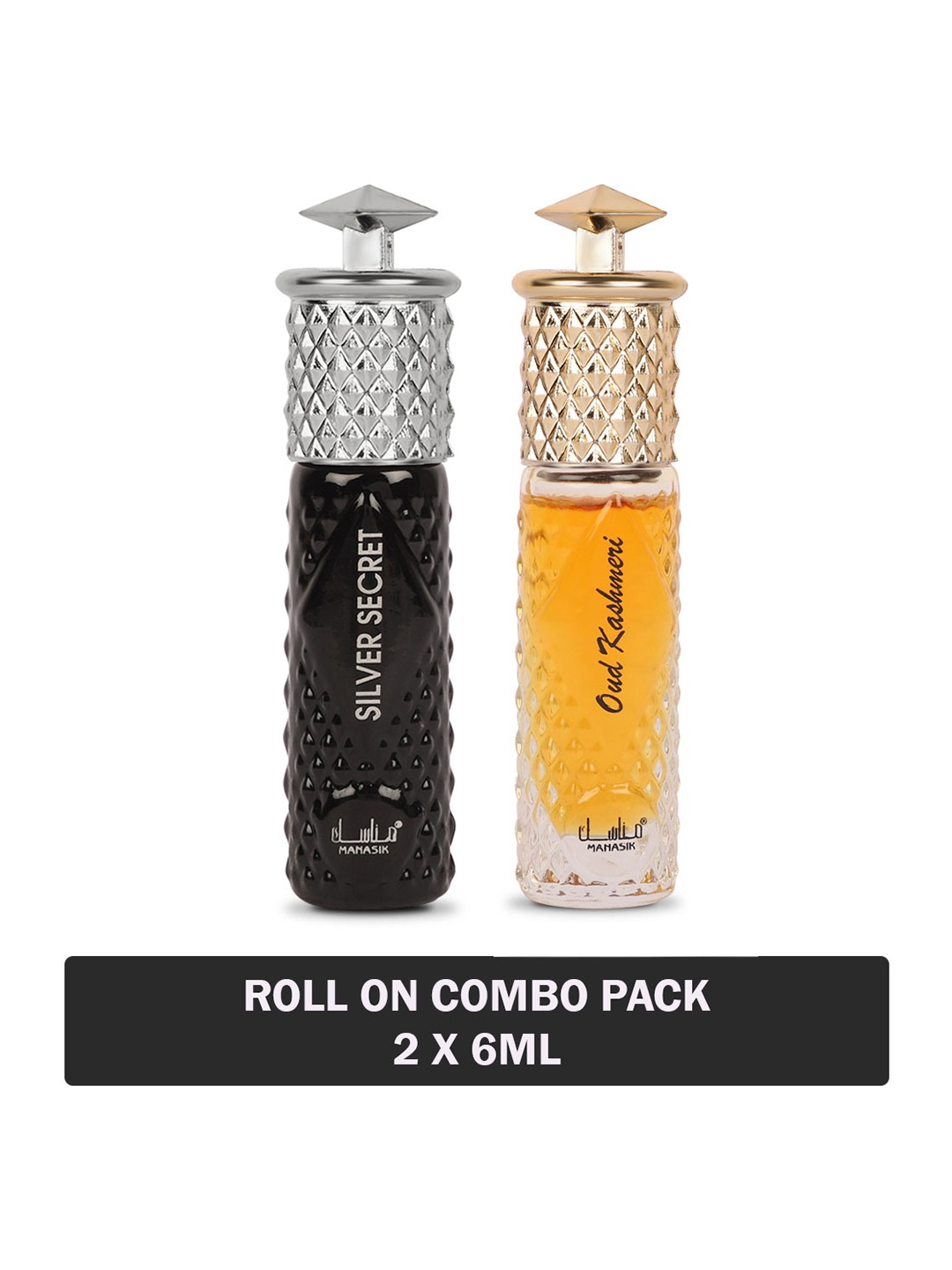 

MANASIK Men Set of 2 Long Lasting Roll-On Attar 6 ml each - Silver Secret & Oud Kashmeri, Black