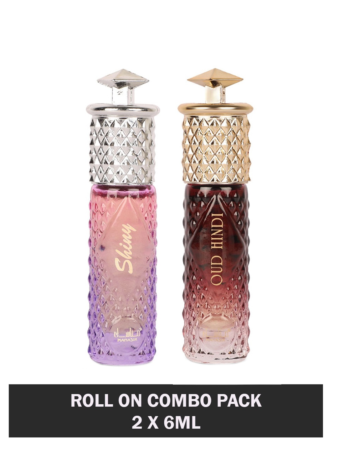 

MANASIK Set Of 2 Long Lasting Roll-On Attars - Women Shiny Pink & Men Oud Hindi - 6ml Each