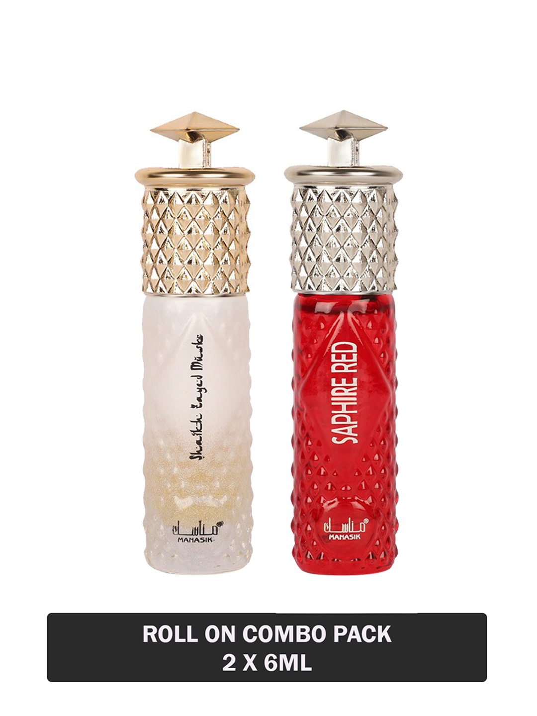 

MANASIK Set Of 2 Long Lasting Attars - 6 ml Each - Shaikh Zayed Musk & Saphire Red