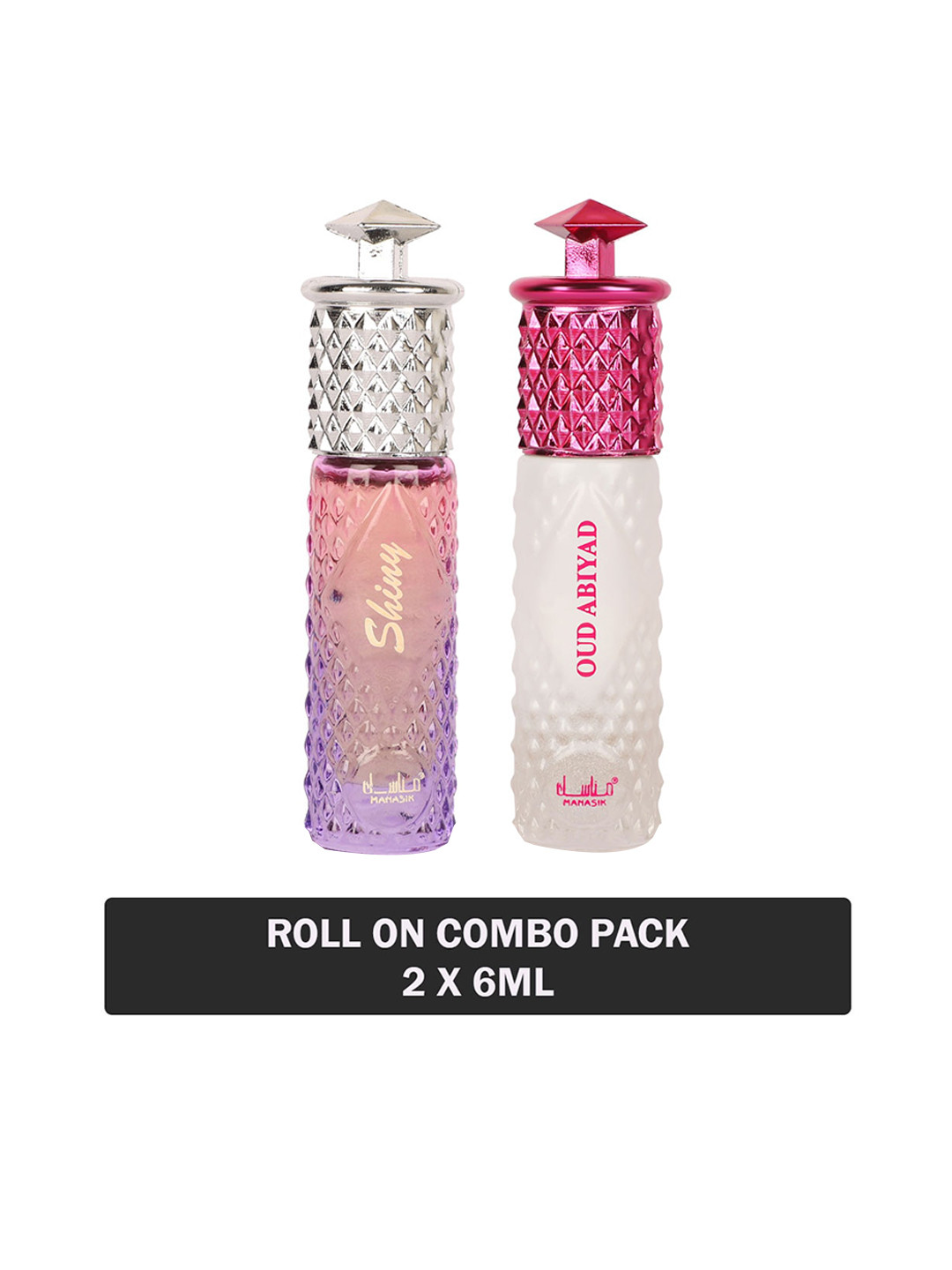 

MANASIK Set Of 2 Long Lasting Attars - 6 ml Each - Shiny Pink & Oud Abiyad, White
