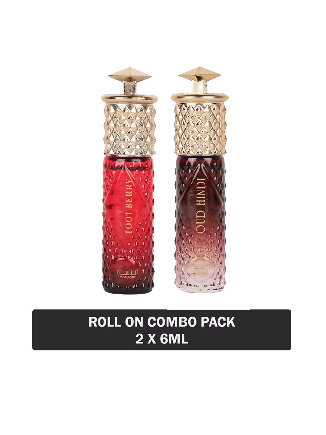 

MANASIK Set Of 2 Long Lasting Attars - 6 ml Each - Toot Berry & Oud Hindi, Red