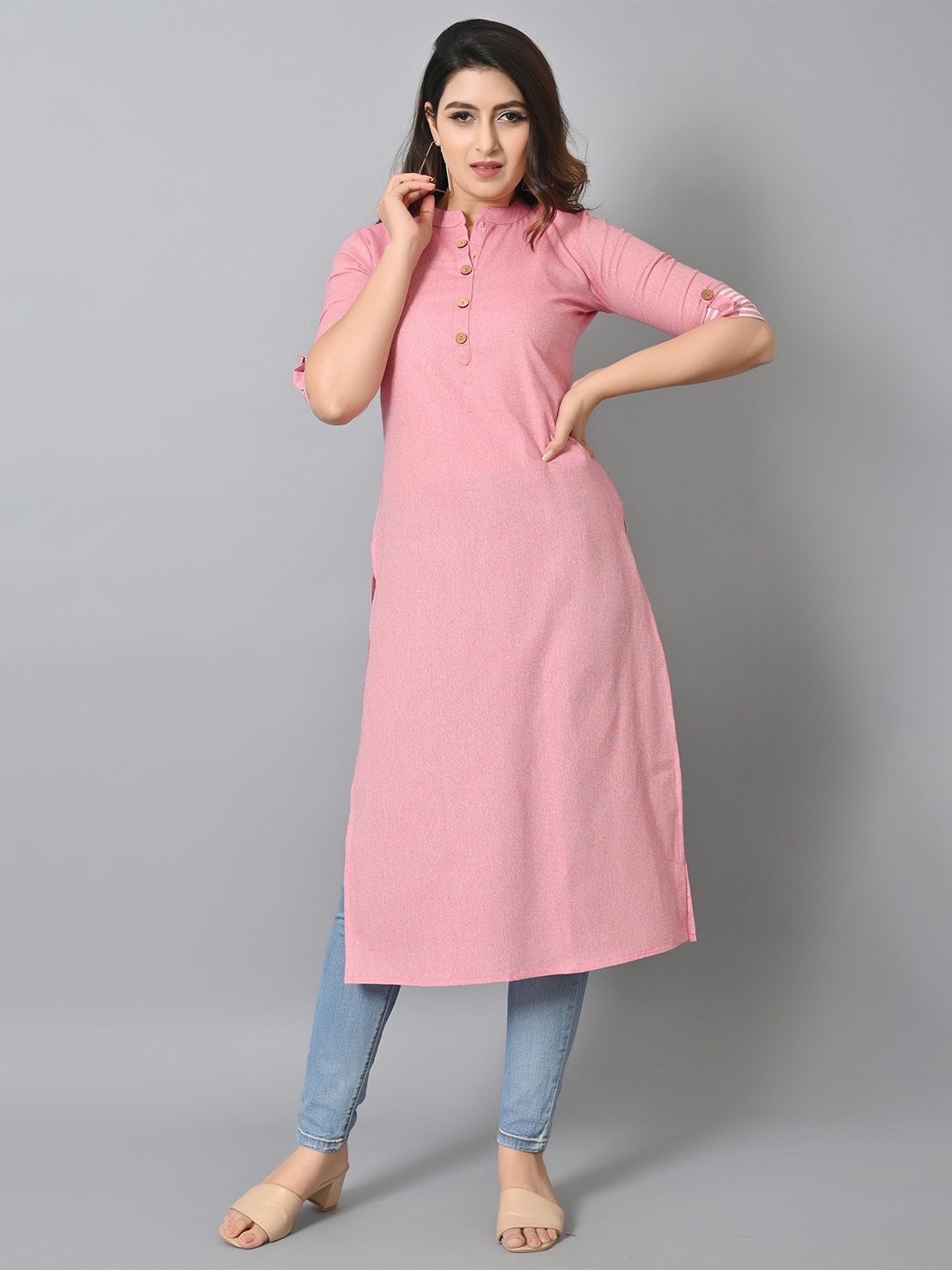 

VASTRAMANIAA Woven Design Mandarin Collar Roll Up Sleeves Kurta, Pink