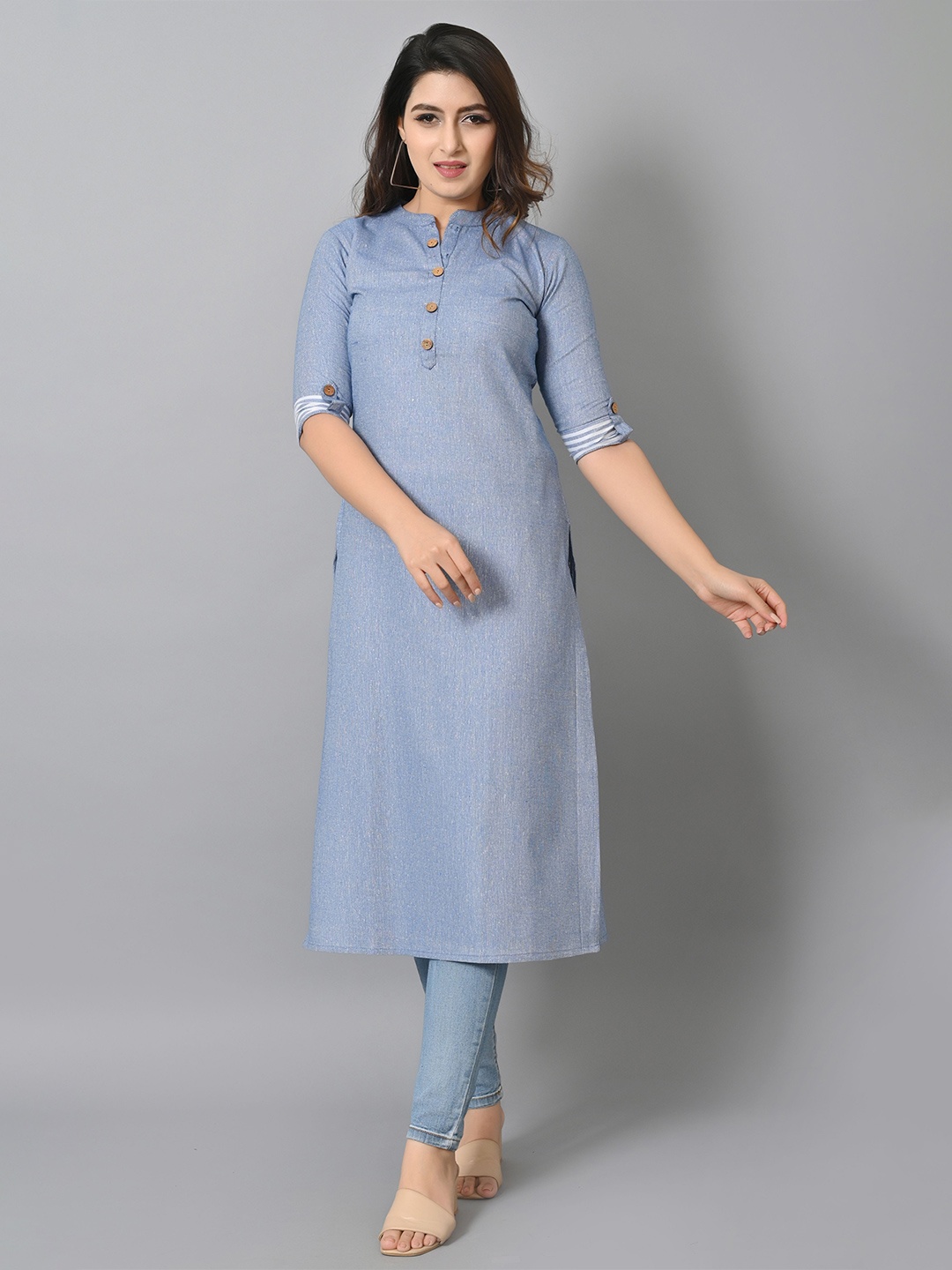 

VASTRAMANIAA Woven Design Mandarin Collar Roll Up Sleeves Kurta, Blue