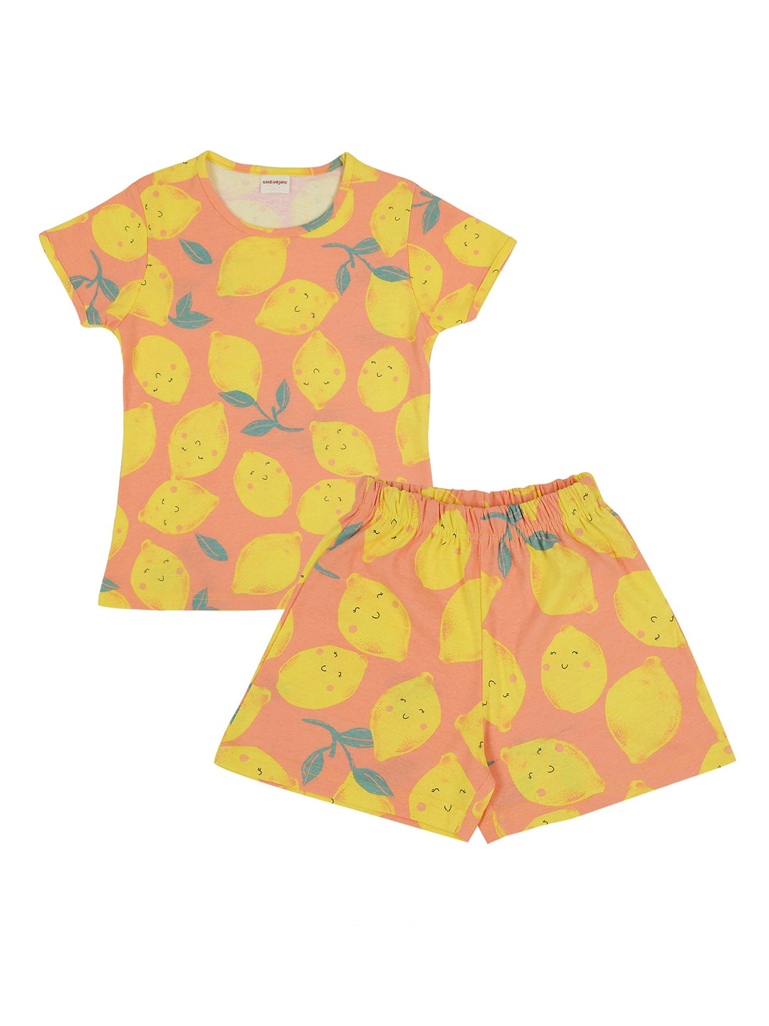 

RAINE AND JAINE Girls Conversational Printed Pure Cotton Night Suit, Peach