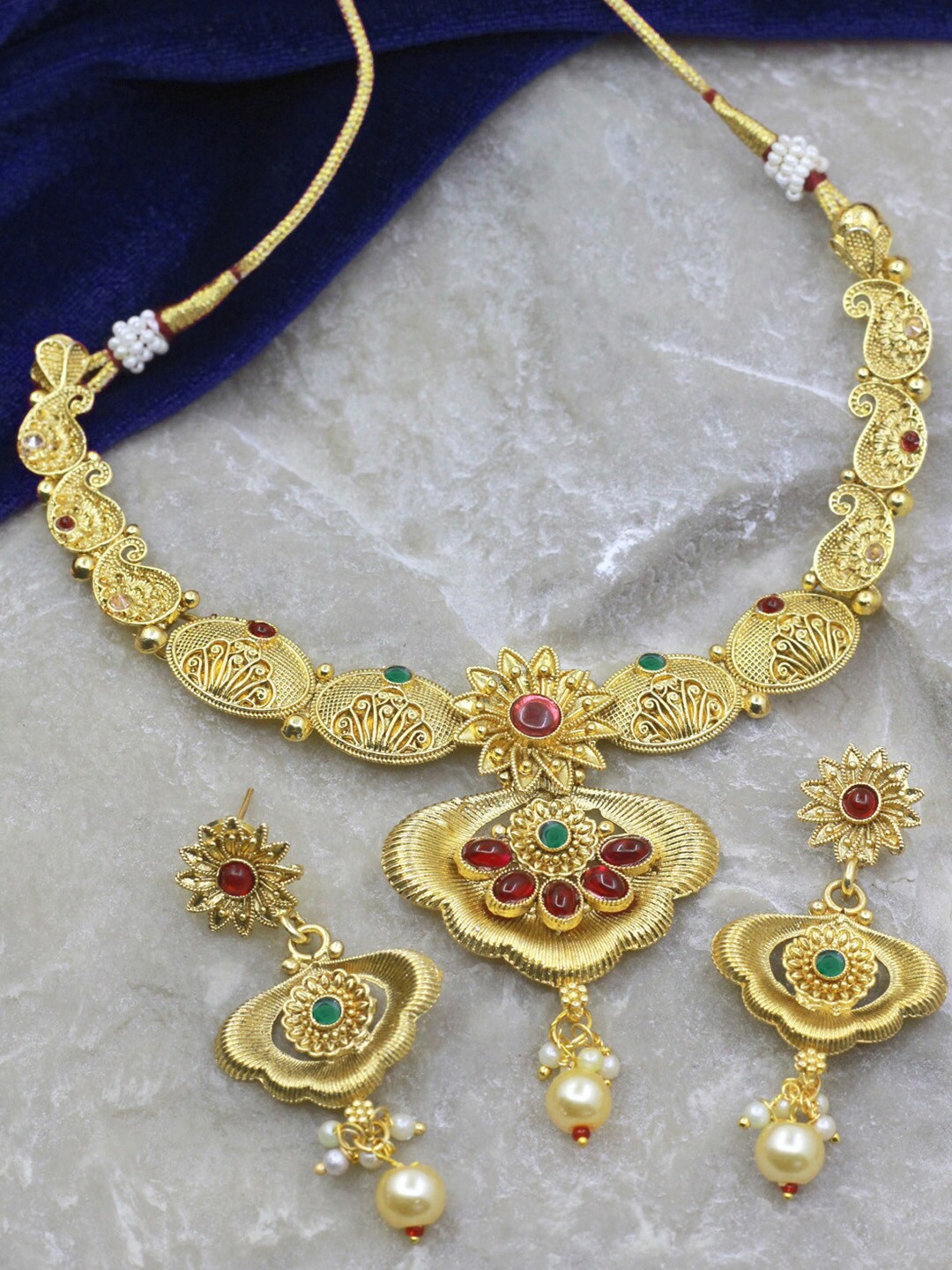 

SAIYONI Gold-Plated Stone-Studded & Beaded Necklace and Earrings, Red