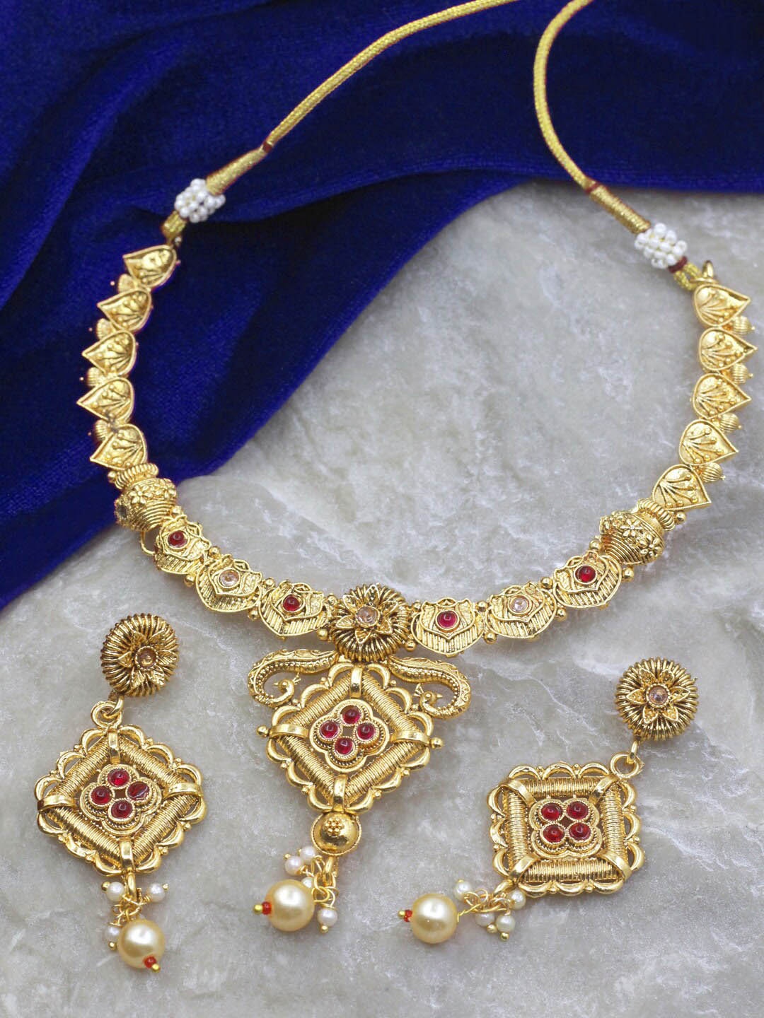 

SAIYONI Gold-Plated Stone-Studded & Beaded Necklace and Earrings, Pink