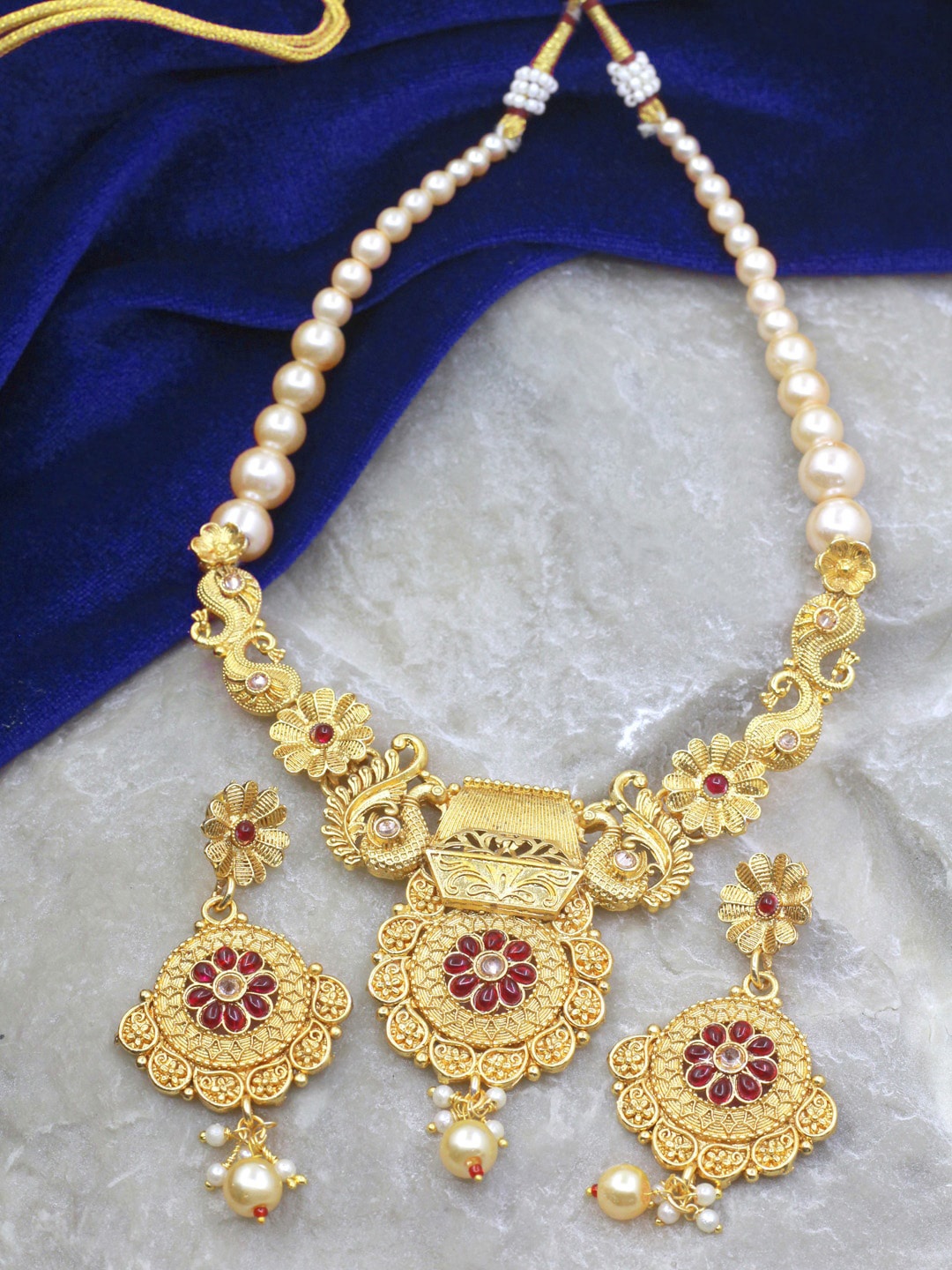 

SAIYONI Gold-Plated Stone-Studded & Beaded Necklace and Earrings, Pink