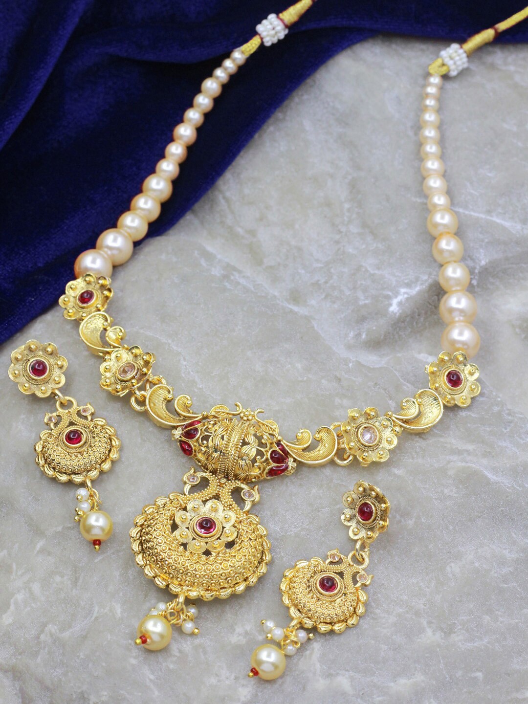 

SAIYONI Gold-Plated Stone-Studded & Beaded Necklace and Earrings, Red