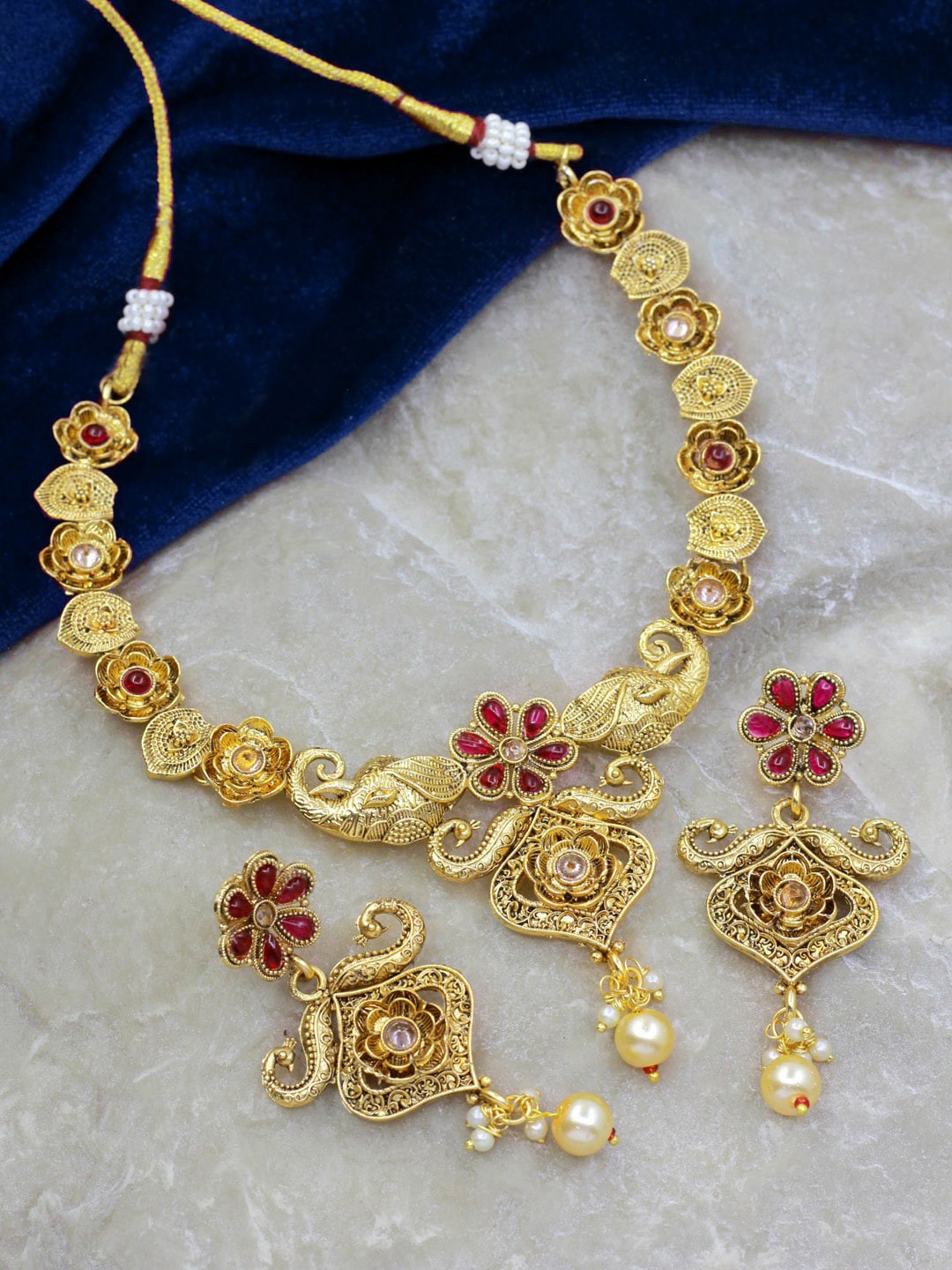 

SAIYONI Gold-Plated Stone-Studded & Beaded Necklace and Earrings, Red