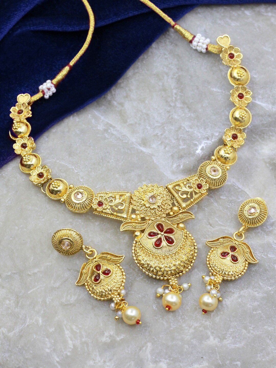

SAIYONI Gold-Plated Stone-Studded & Beaded Necklace and Earrings, Red