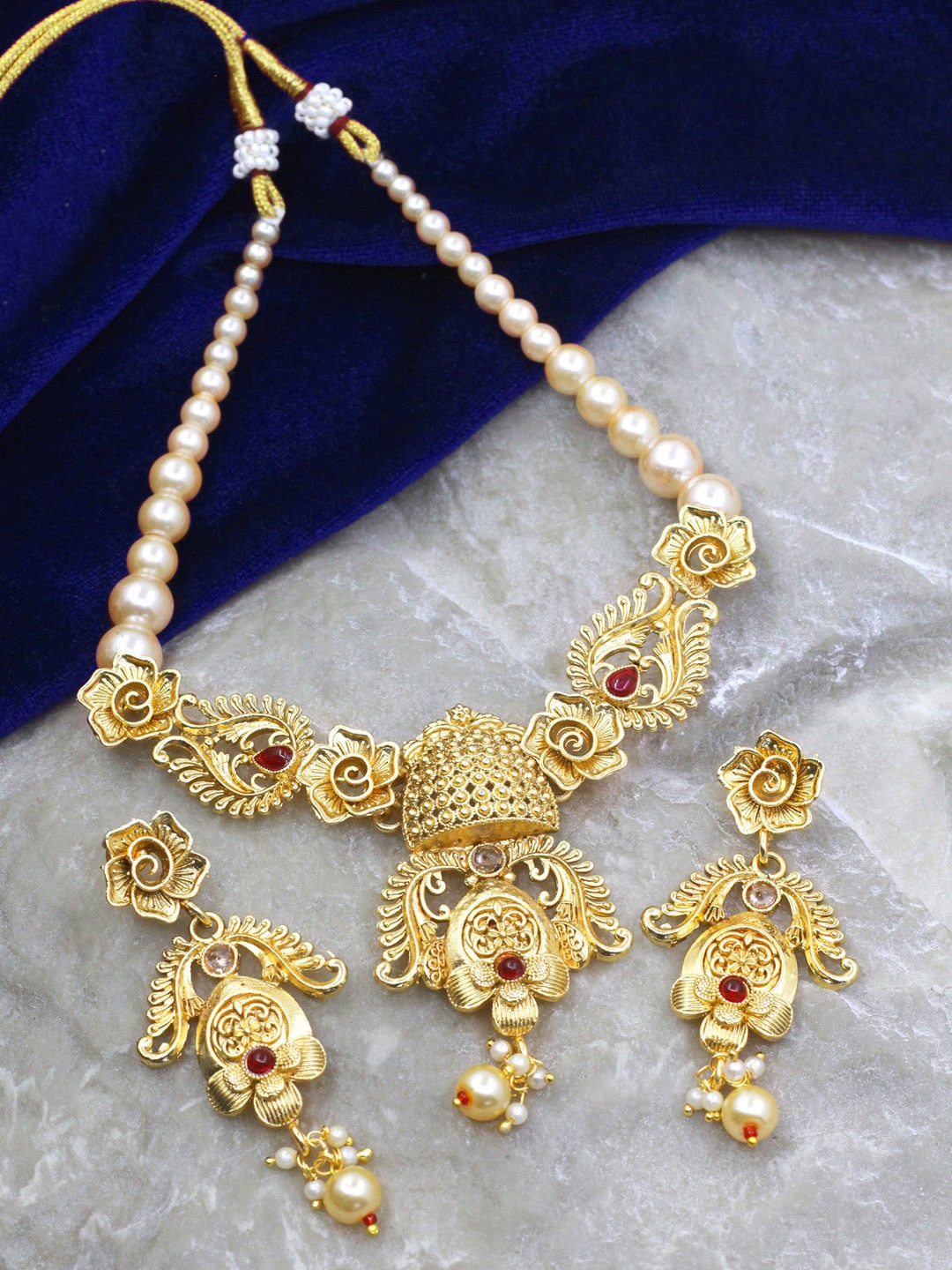 

SAIYONI Gold-Plated Stone-Studded & Beaded Necklace and Earrings, Red