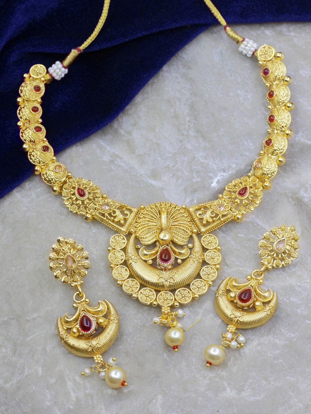 

SAIYONI Gold-Plated Stone-Studded & Beaded Necklace and Earrings, Red