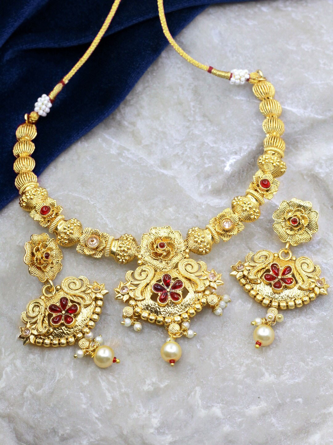 

SAIYONI Gold-Plated Stone-Studded & Beaded Necklace and Earrings, Red
