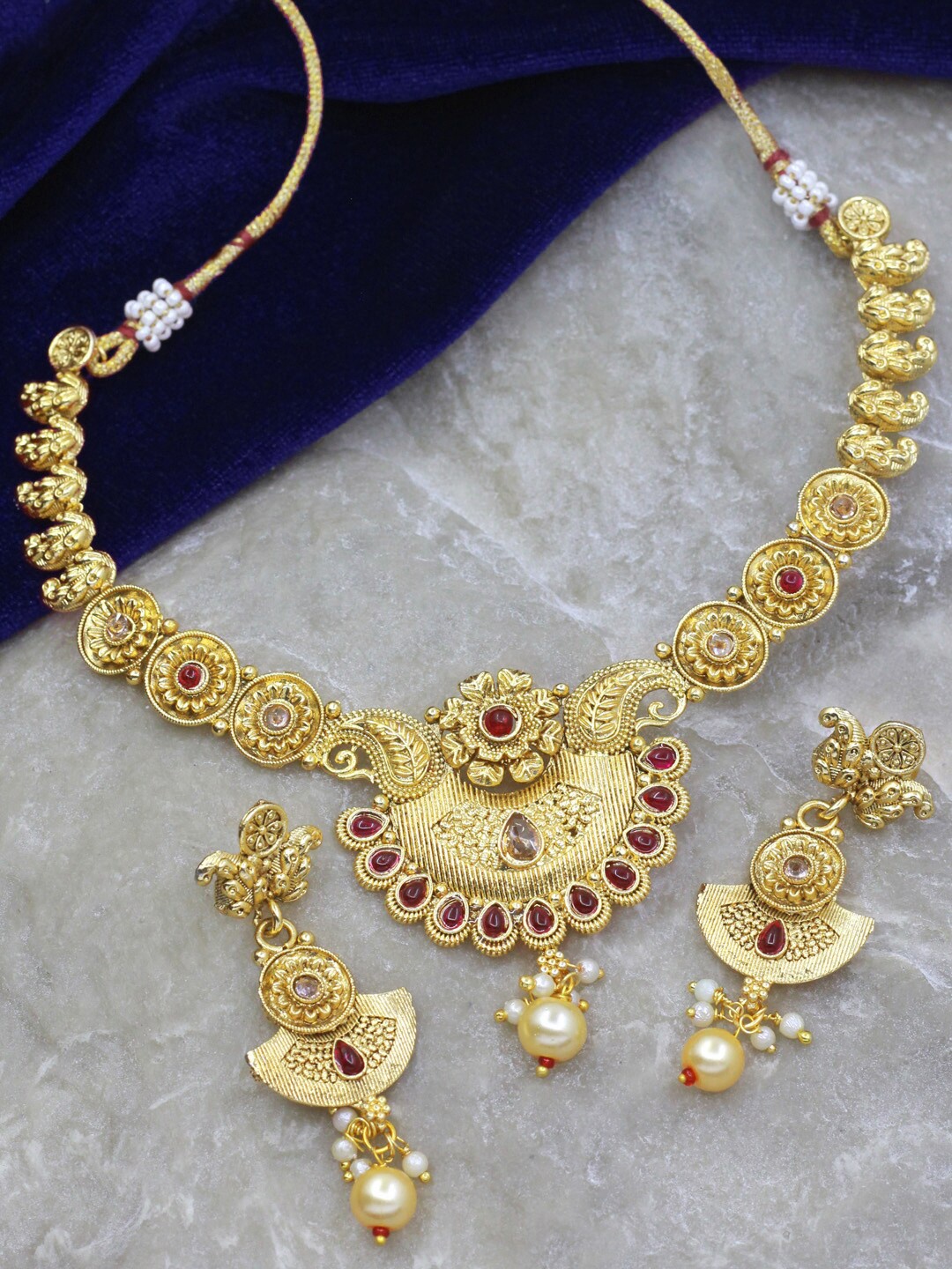 SAIYONI Gold-Plated Stone-Studded & Beaded Necklace and Earrings, Red
