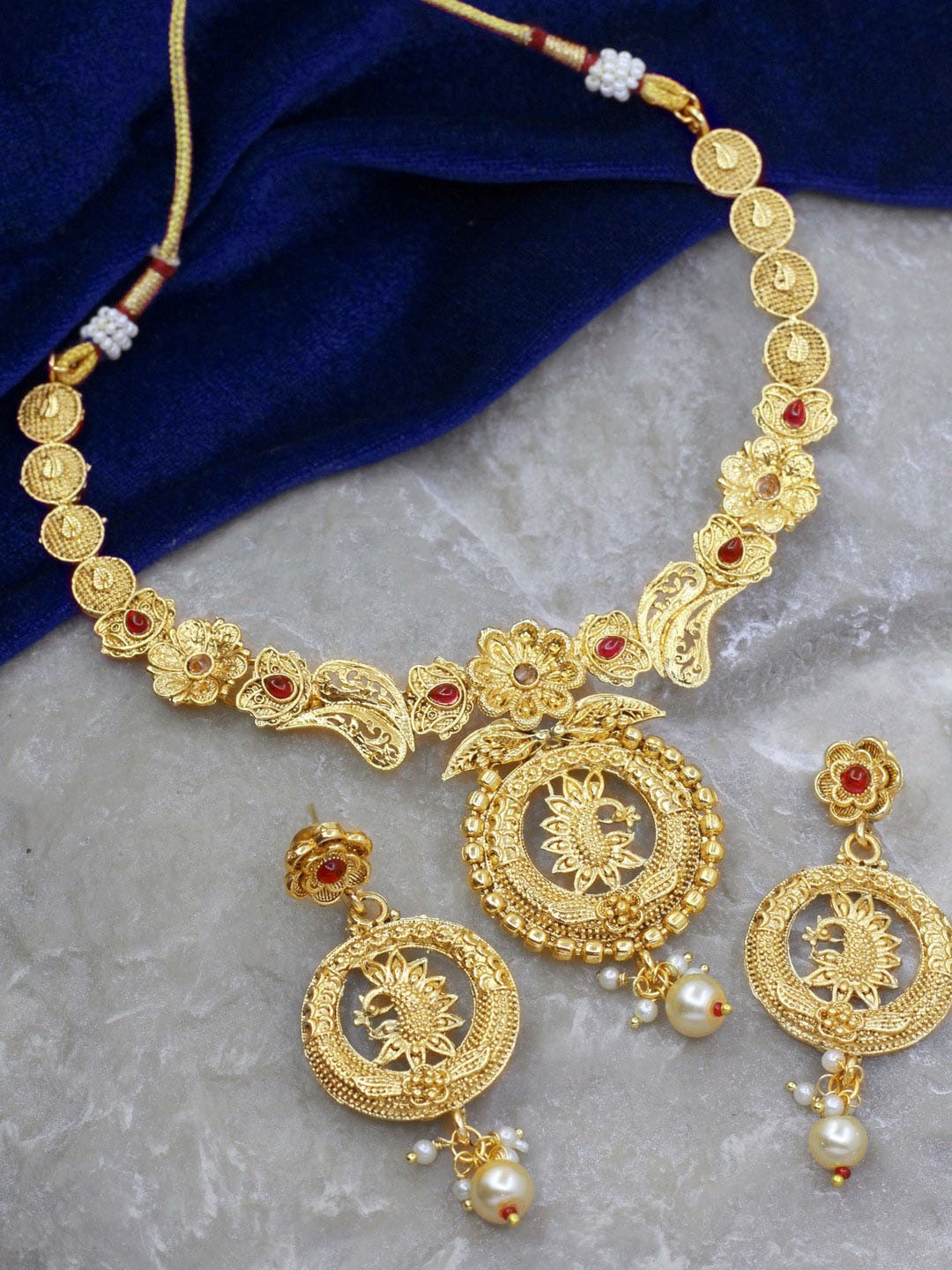 

SAIYONI Gold-Plated Stone-Studded & Beaded Peacock Necklace and Earrings, Red