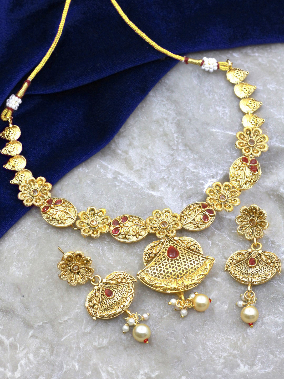 

SAIYONI Gold-Plated Stone-Studded & Beaded Necklace and Earrings, Red
