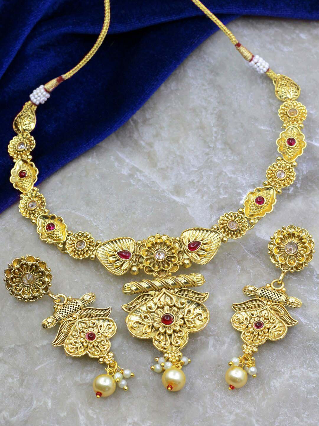 

SAIYONI Gold-Plated Stone-Studded & Pearl Beaded Necklace and Earrings, Pink