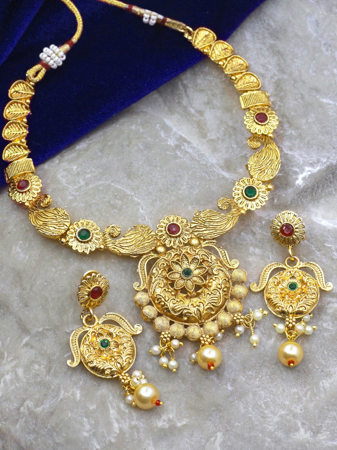 

SAIYONI Gold-Plated Stone-Studded & Pearl Beaded Necklace and Earrings, Red