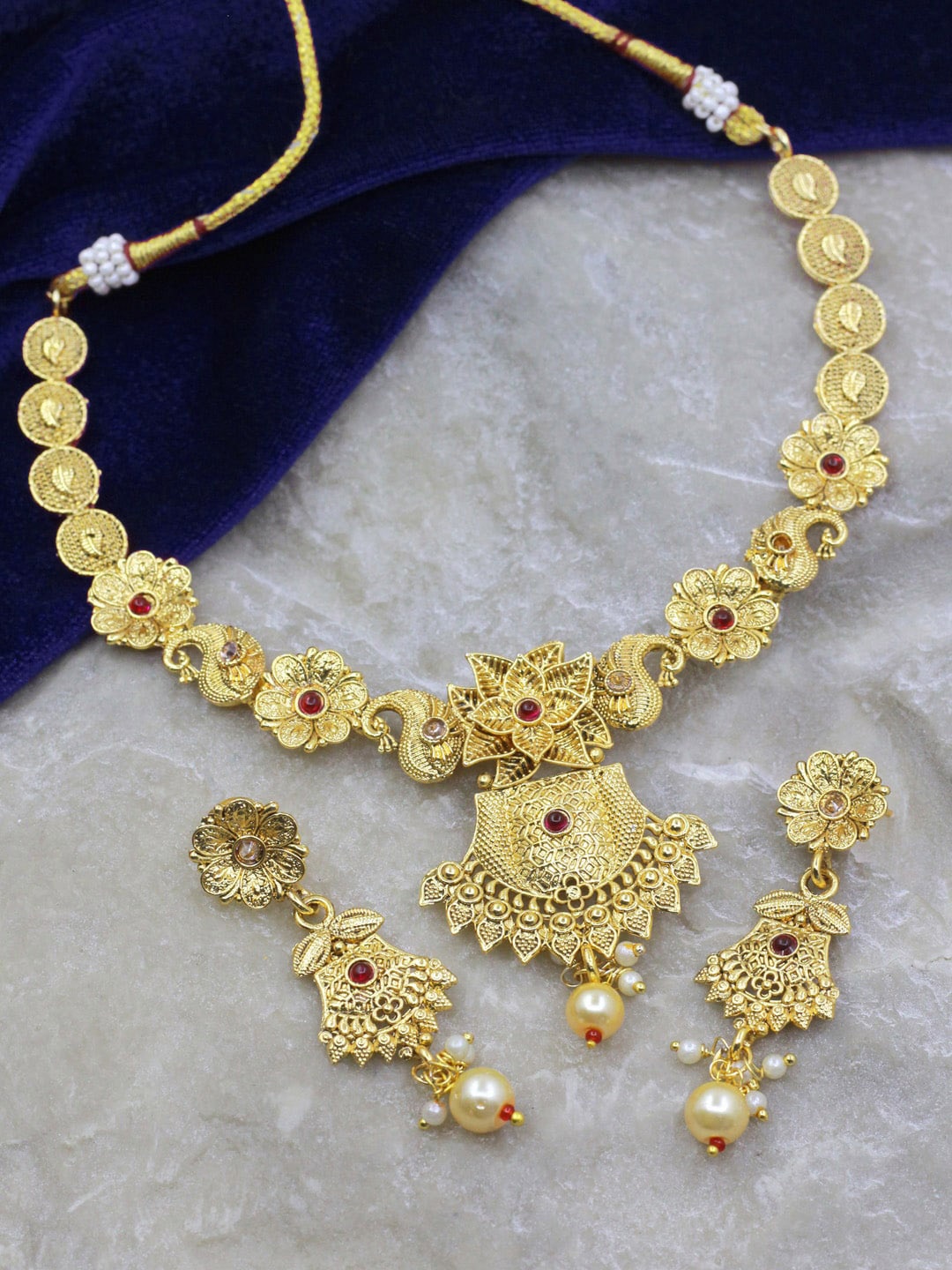 

SAIYONI Gold-Plated Stone-Studded & Pearl Beaded Necklace and Earrings, Pink