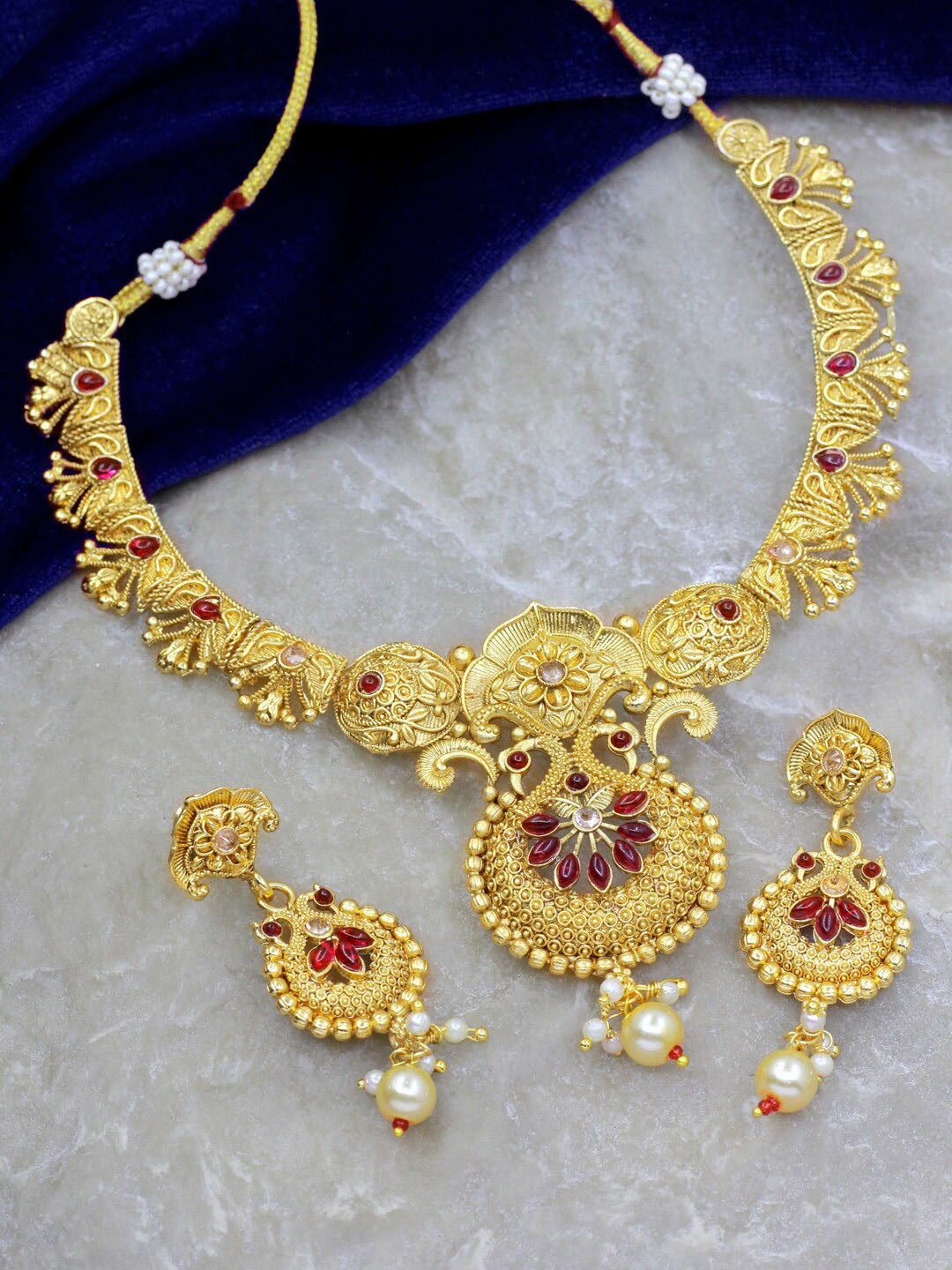 

SAIYONI Gold-Plated Stone-Studded & Pearl Beaded Necklace and Earrings, Red