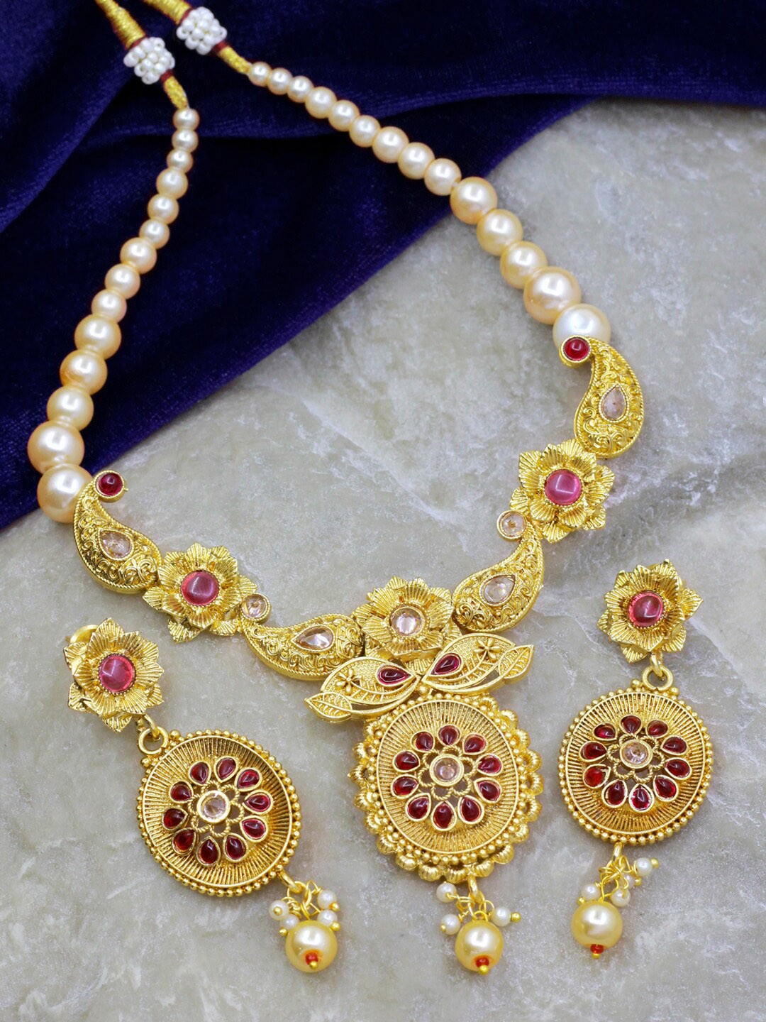 

SAIYONI Gold-Plated Stone-Studded & Pearl Beaded Necklace and Earrings, Pink