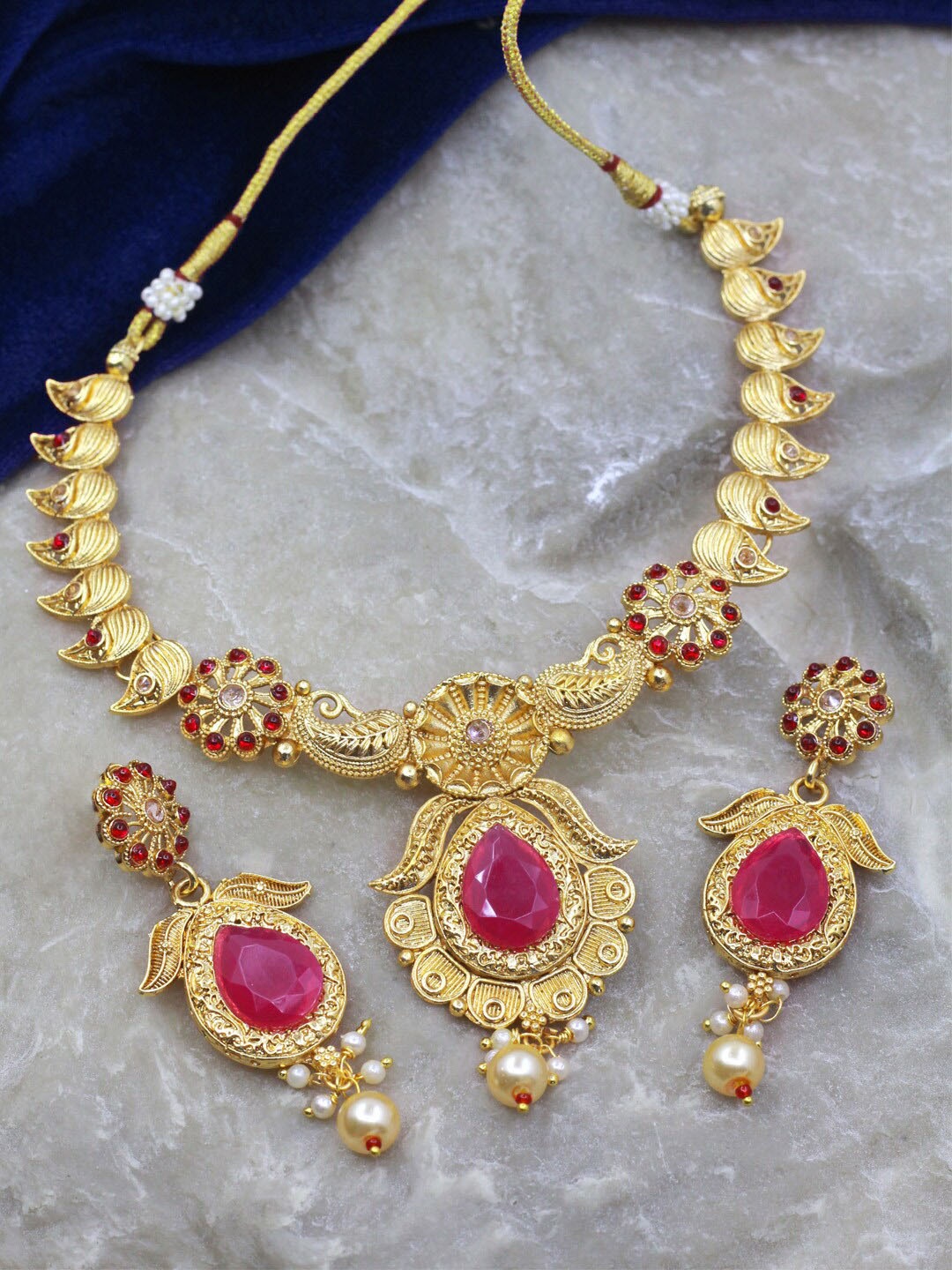 

SAIYONI Gold-Plated Stone-Studded & Pearl Beaded Necklace and Earrings, Pink