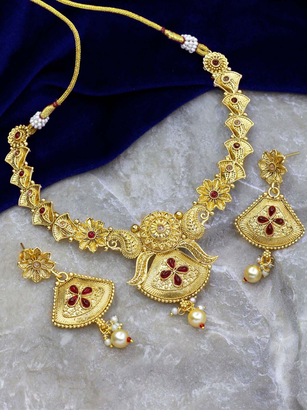 

SAIYONI Gold-Plated Stone-Studded & Pearl Beaded Necklace and Earrings, Red