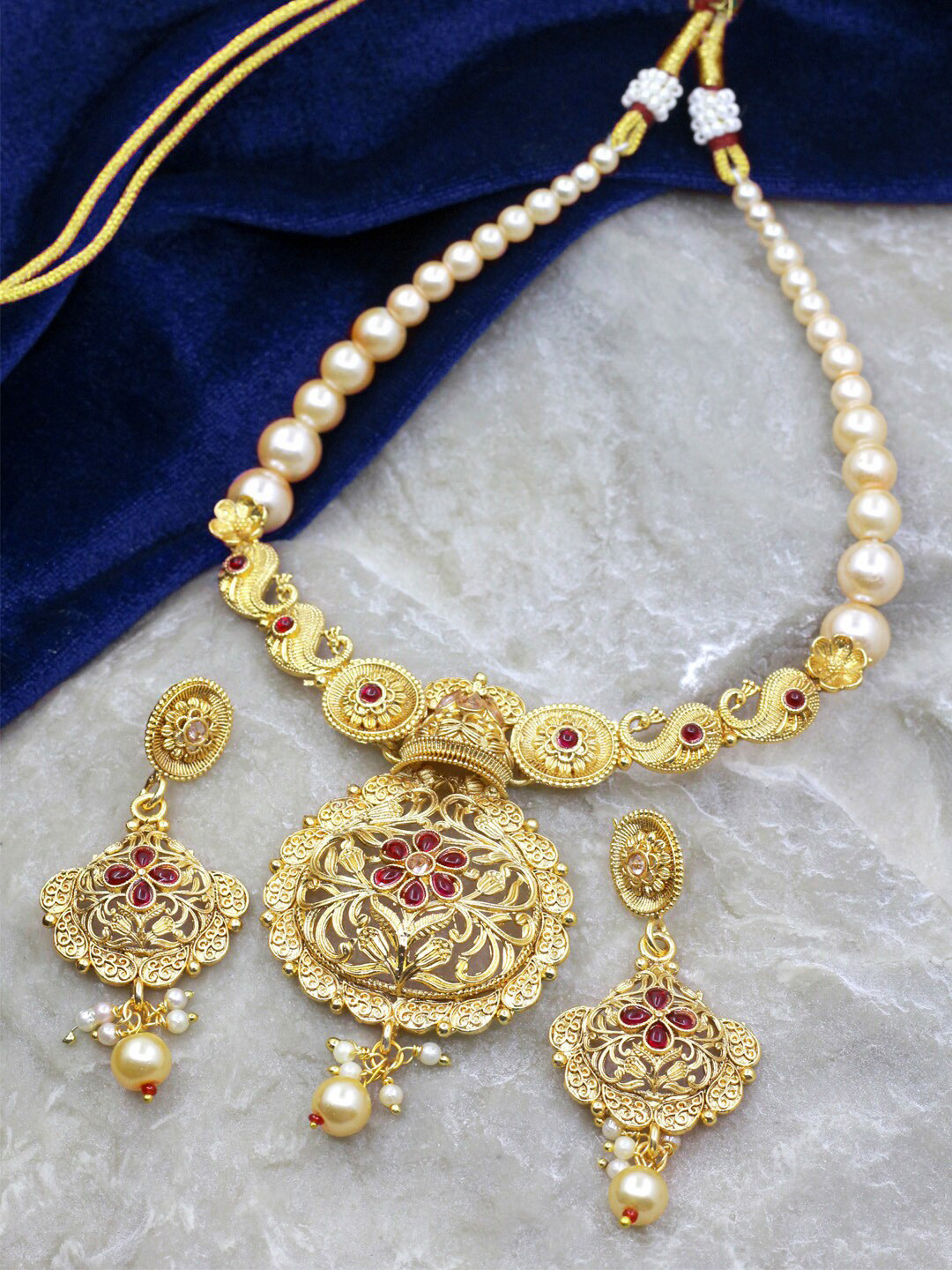 

SAIYONI Gold-Plated Stone-Studded & Pearl Beaded Necklace and Earrings, Pink