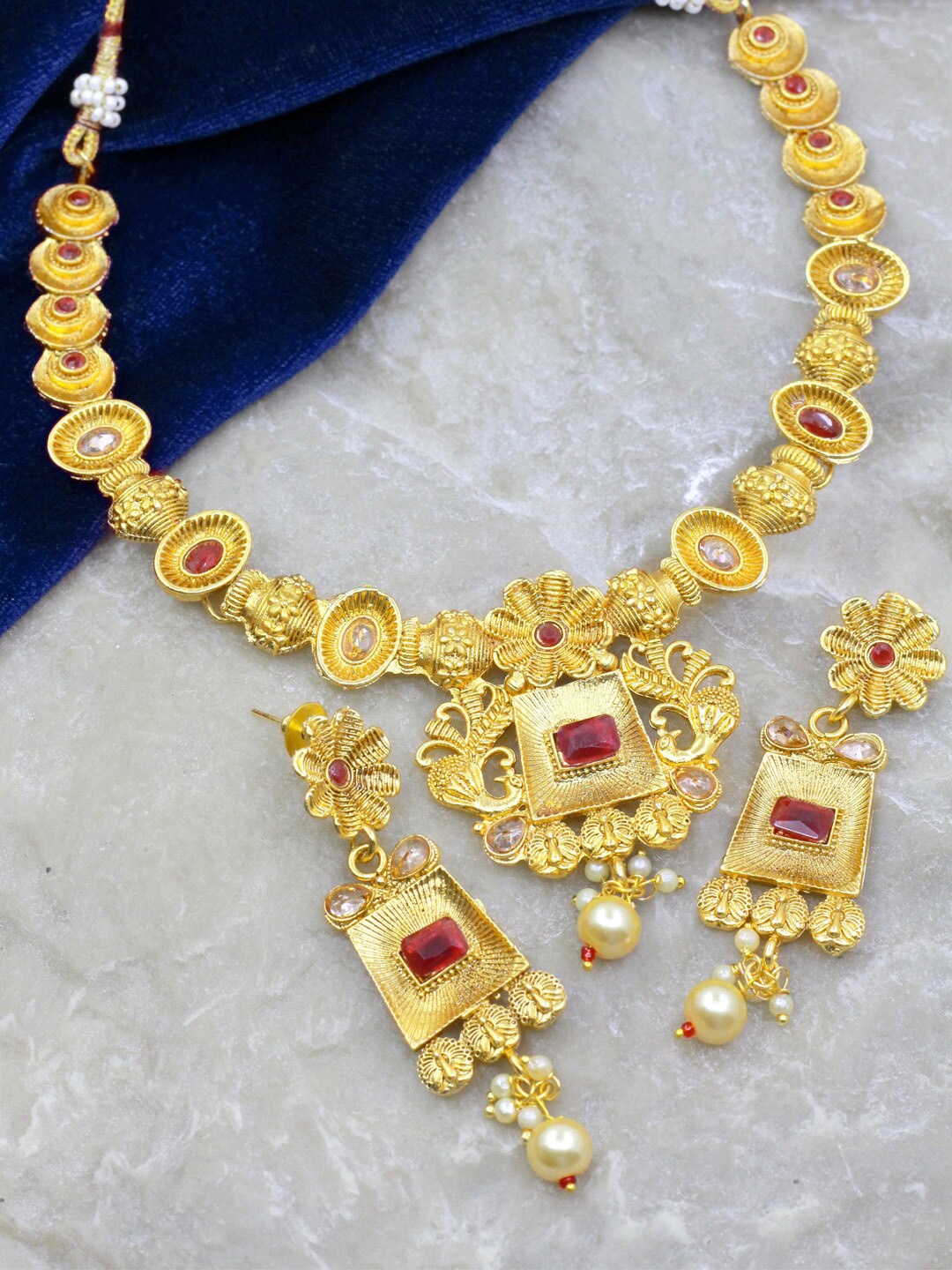 

SAIYONI Gold-Plated Stone-Studded & Pearl Beaded Necklace and Earrings, Red
