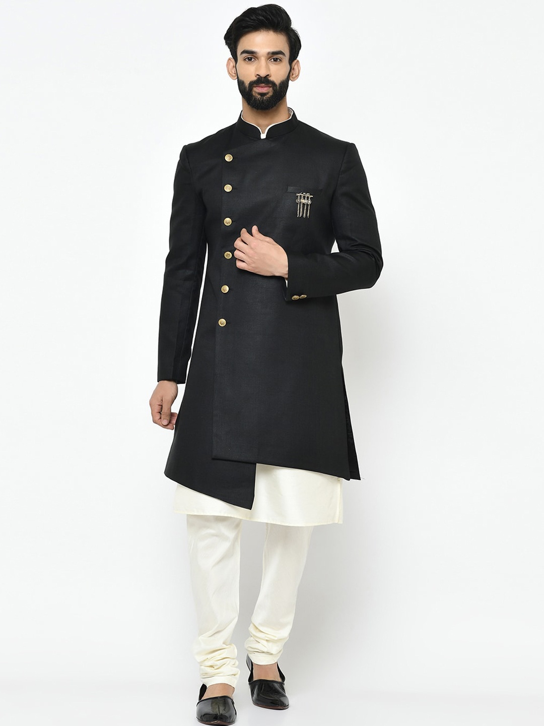 

KISAH Men Asymmetric Cotton Indowestern Sherwani Set, Black