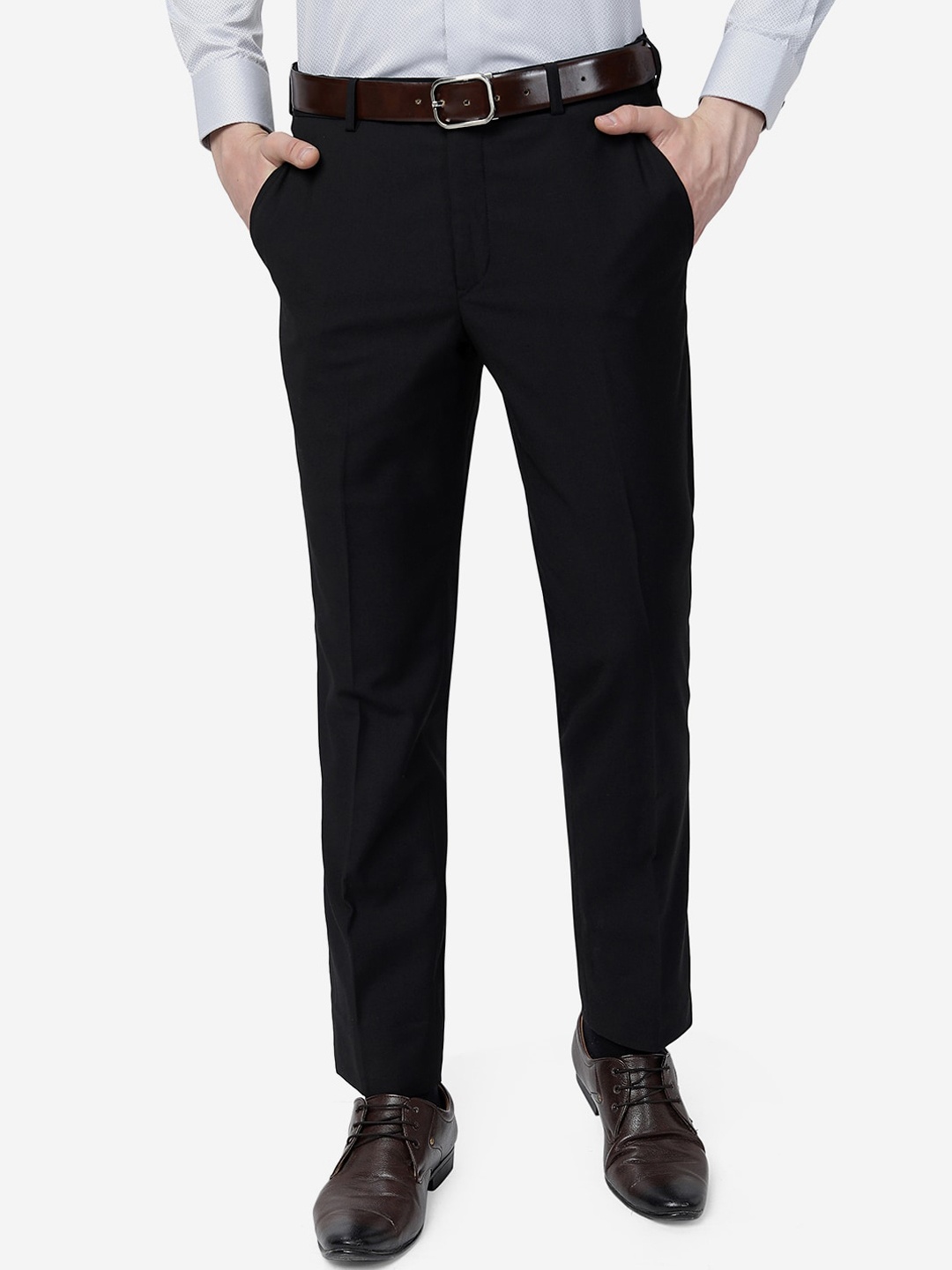 

Greenfibre Men Mid-Rise Flat-Front Plain Slim Fit Formal Trousers, Black
