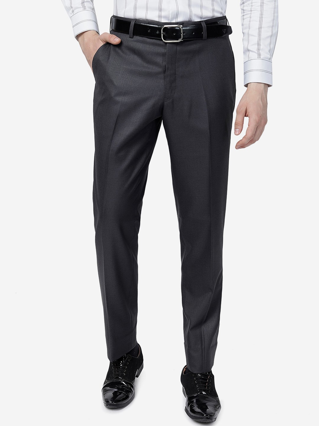 

Greenfibre Men Slim Fit Mid-Rise Formal Trousers, Charcoal