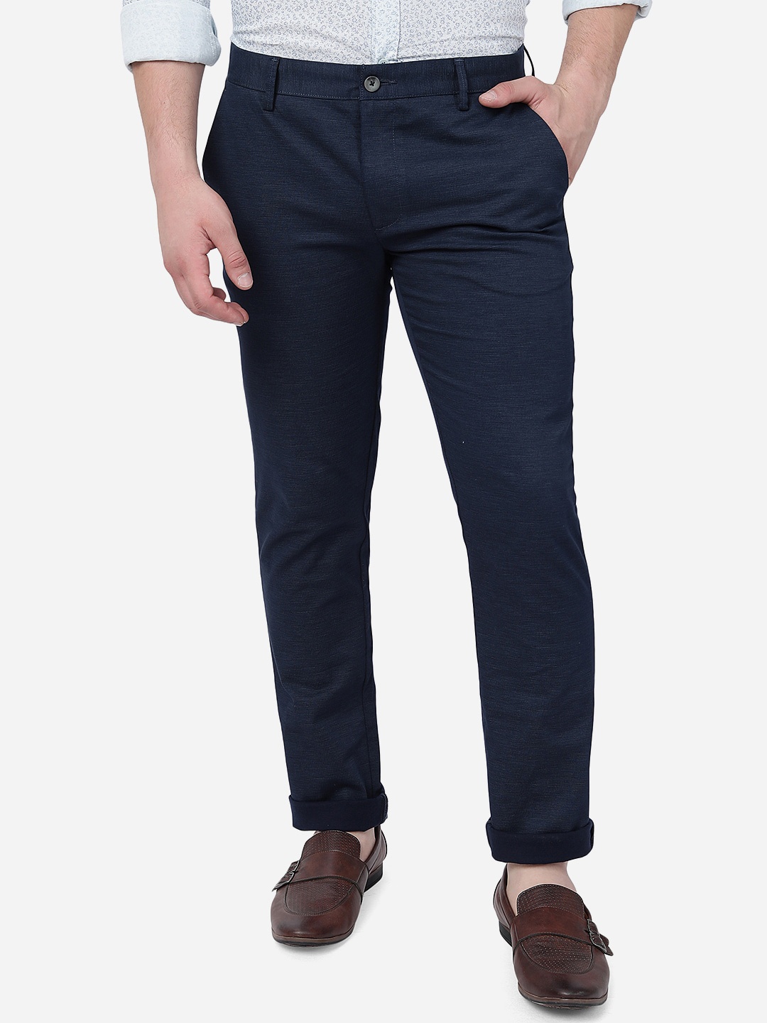 

Greenfibre Men Skinny Fit Mid-Rise Pure Cotton Trousers, Blue