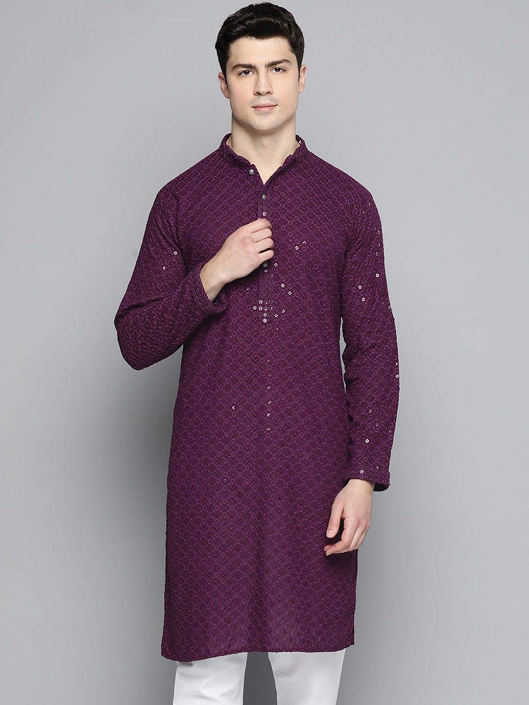 

Jompers Mandarin Collar Sequined Chikankari Straight Pure Cotton Kurta, Purple